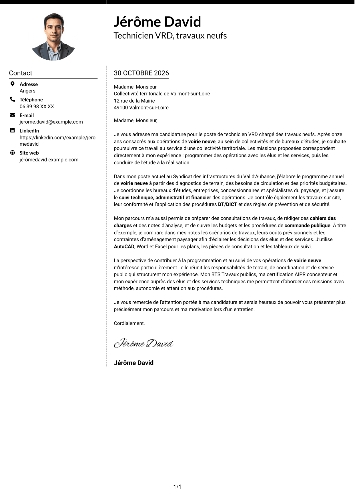 Lettre de motivation Moderne (format à deux colonnes avec photo à gauche et séparateur) : Technicien VRD - travaux neufs, page 1
