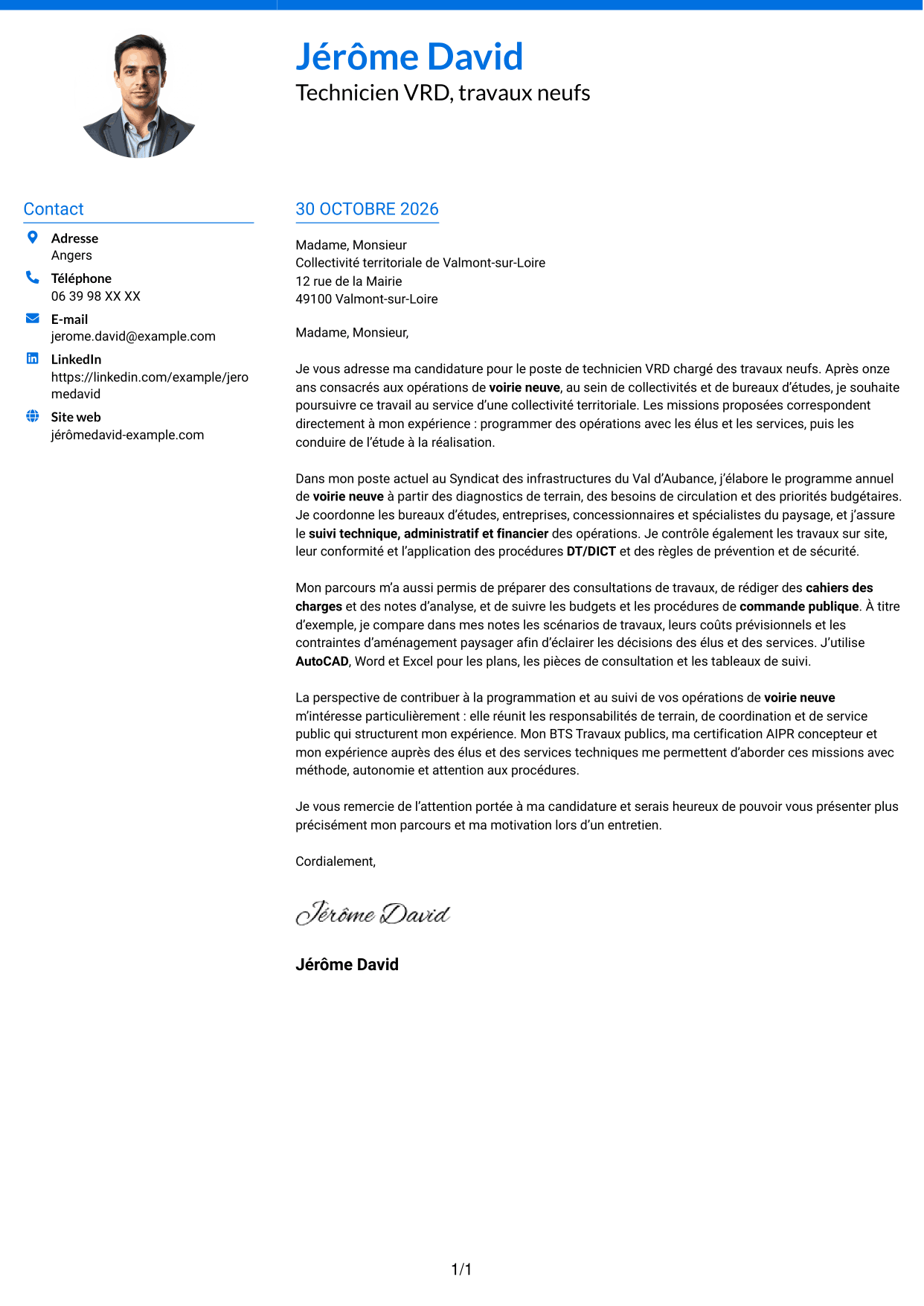 Lettre de motivation Audacieux (format à deux colonnes avec accents colorés et photo) : Technicien VRD - travaux neufs, page 1