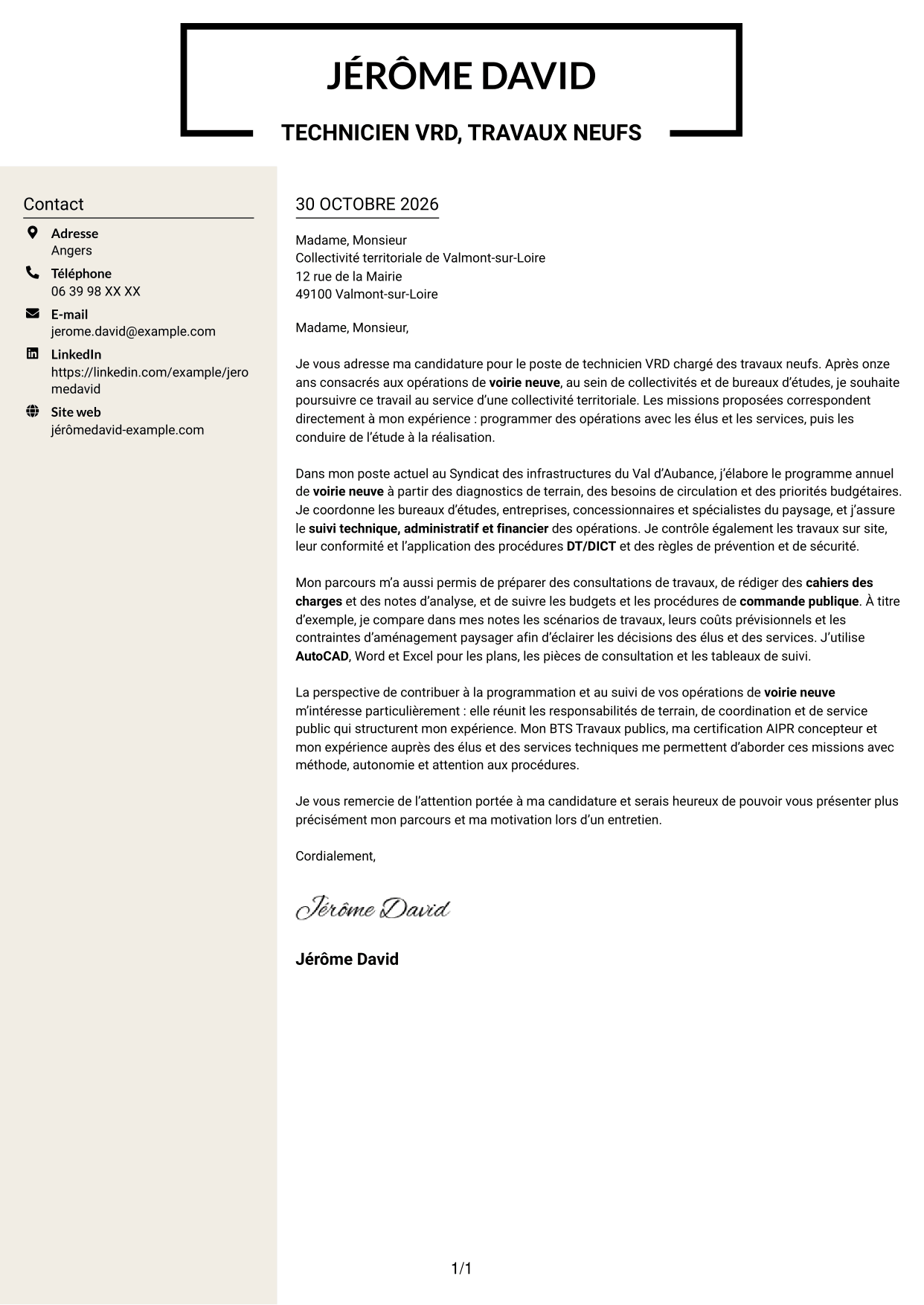 Lettre de motivation Fonceur (format à deux colonnes avec en-tête centré sans photo) : Technicien VRD - travaux neufs, page 1