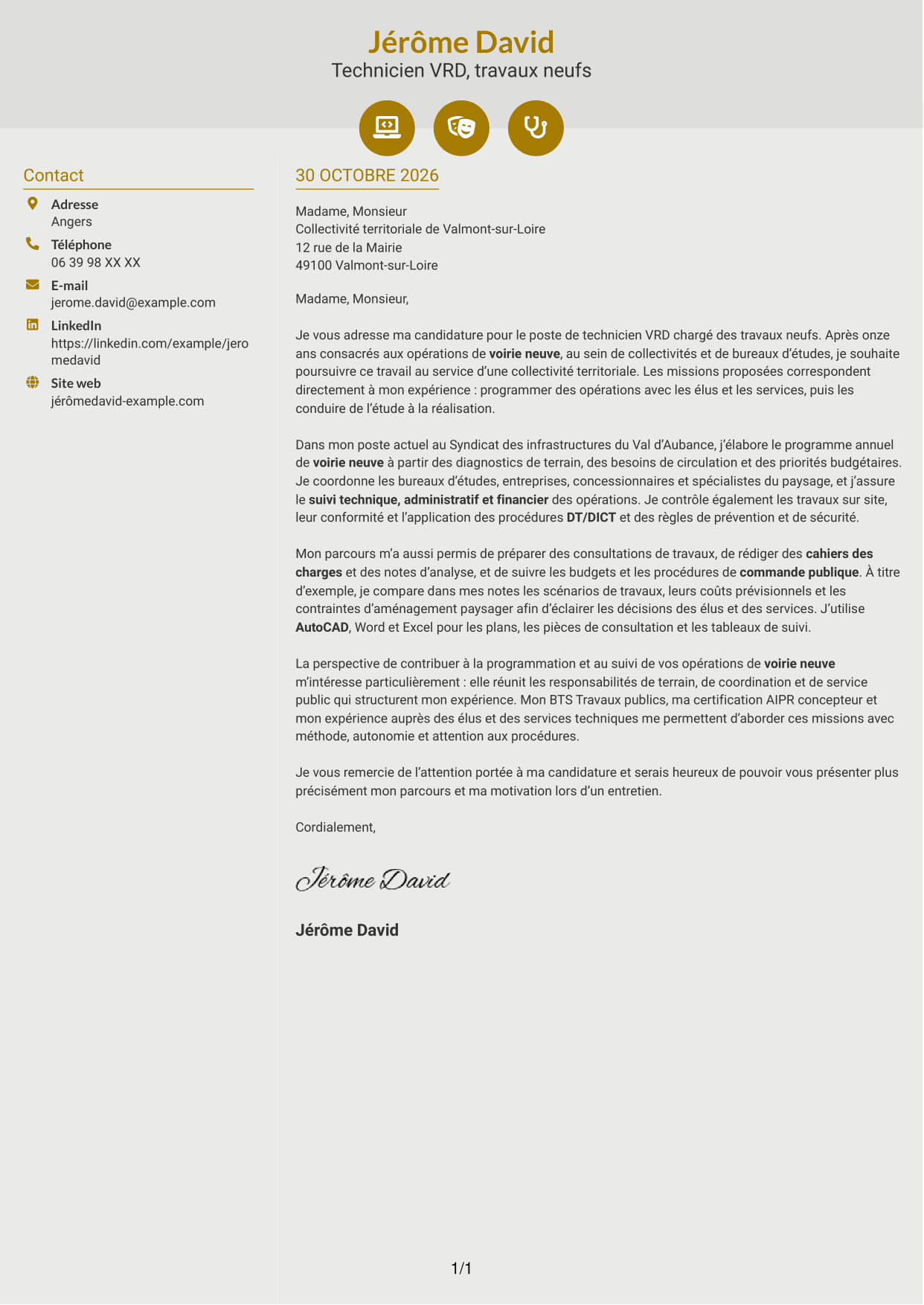 Lettre de motivation Dynamique (format à deux colonnes avec icônes) : Technicien VRD - travaux neufs, page 1