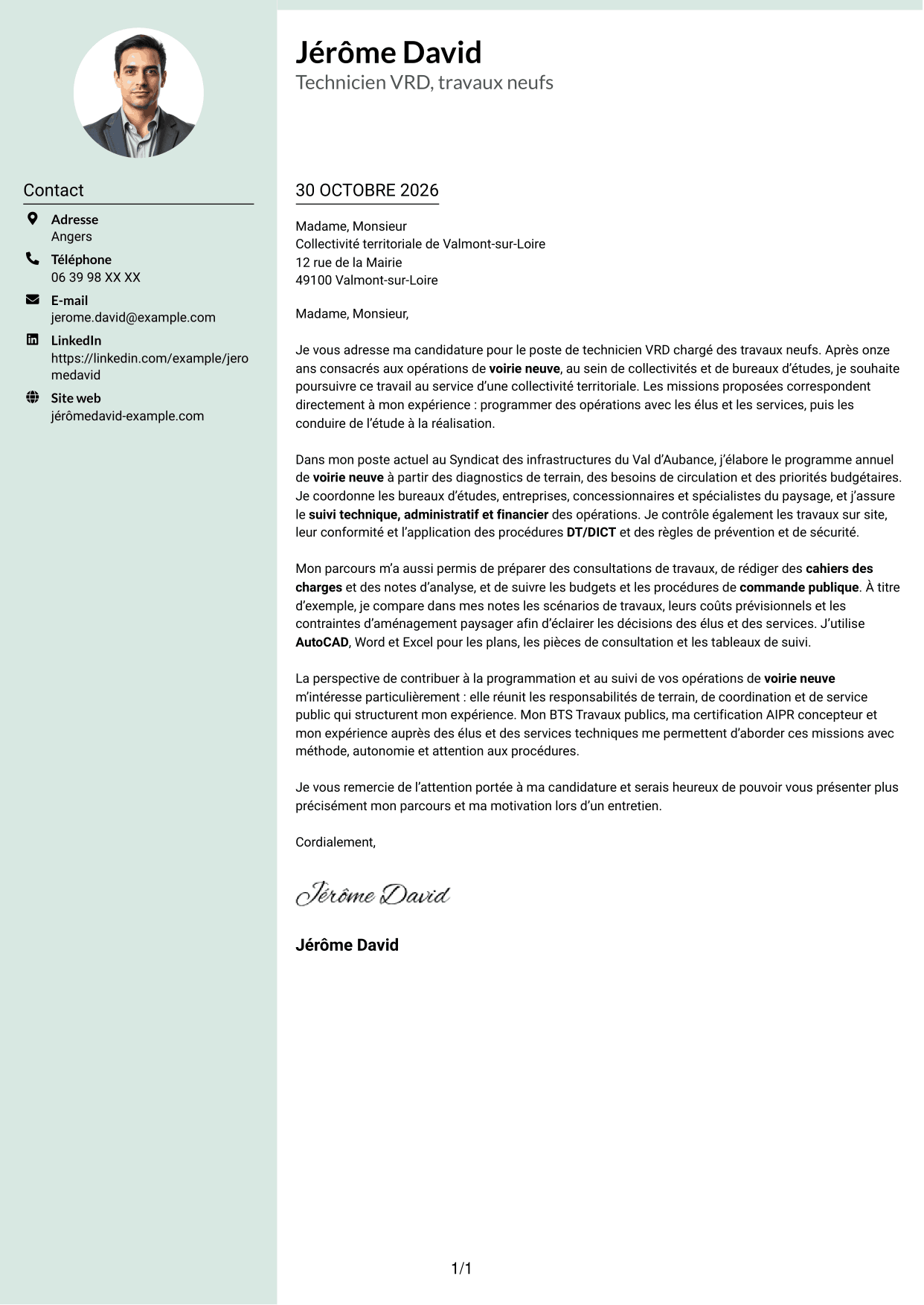 Lettre de motivation Cadre (format à colonne latérale douce avec photo arrondie) : Technicien VRD - travaux neufs, page 1