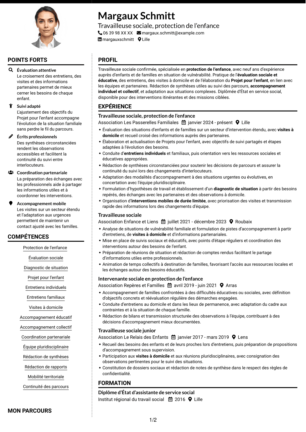 CV Moderne (format à deux colonnes avec photo à gauche et séparateur) : Travailleur social enfance itinérant, page 1