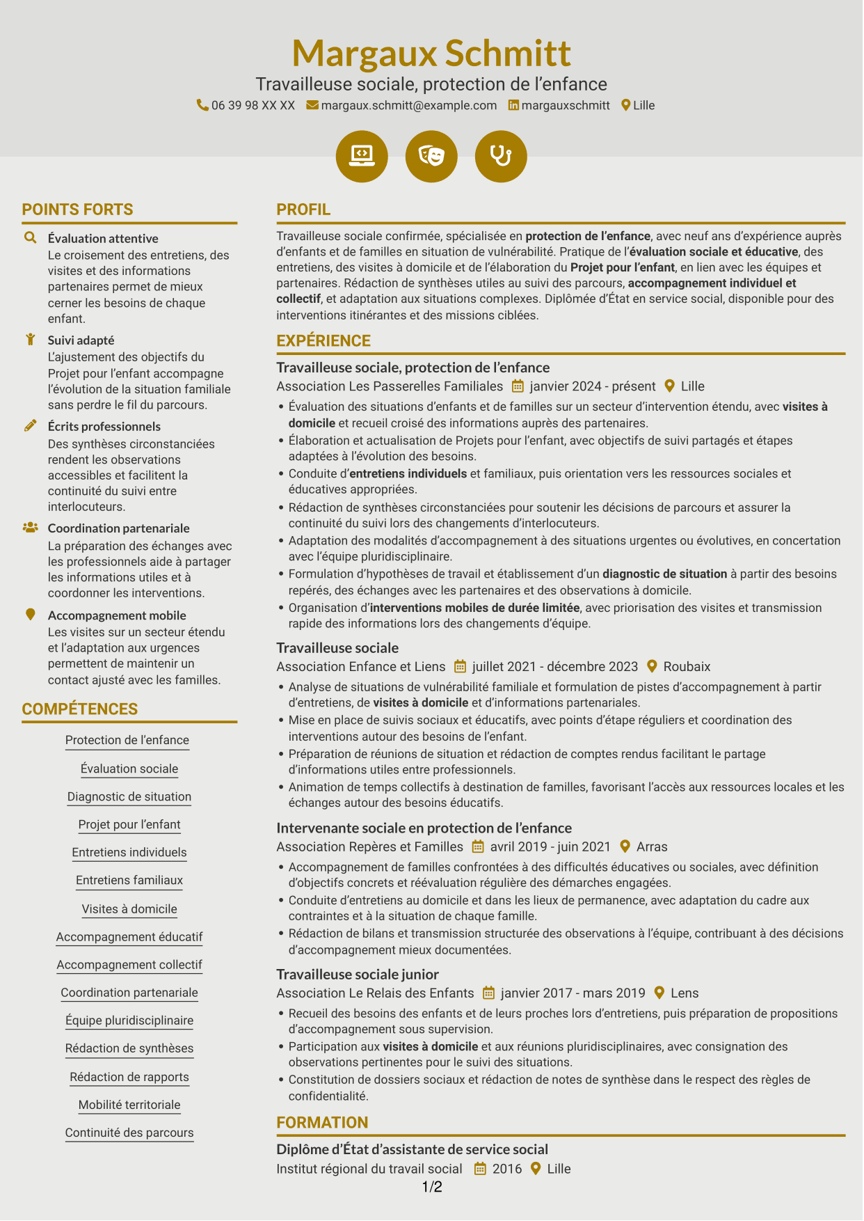 CV Dynamique (format à deux colonnes avec icônes) : Travailleur social enfance itinérant, page 1