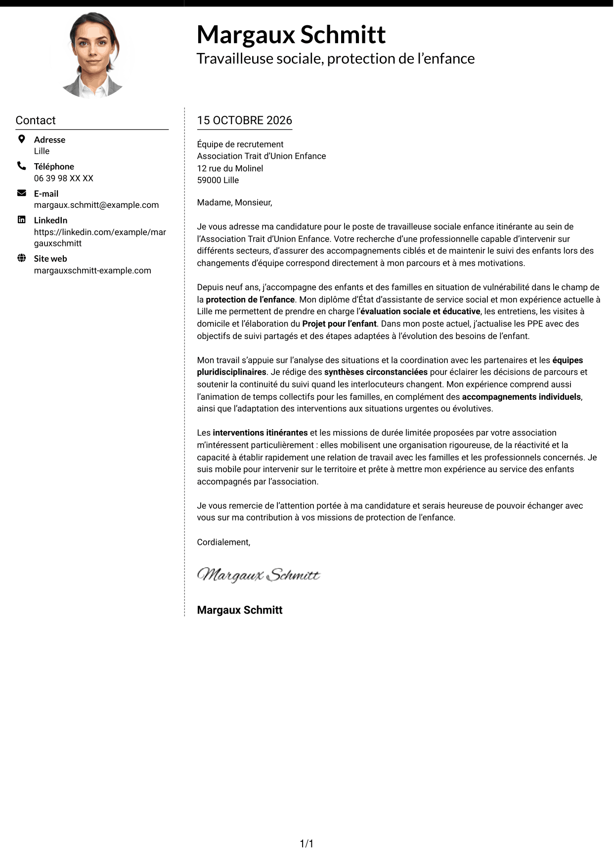 Lettre de motivation Moderne (format à deux colonnes avec photo à gauche et séparateur) : Travailleur social enfance itinérant, page 1