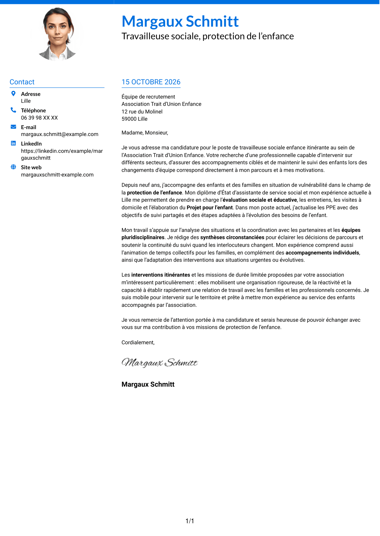 Lettre de motivation Audacieux (format à deux colonnes avec accents colorés et photo) : Travailleur social enfance itinérant, page 1