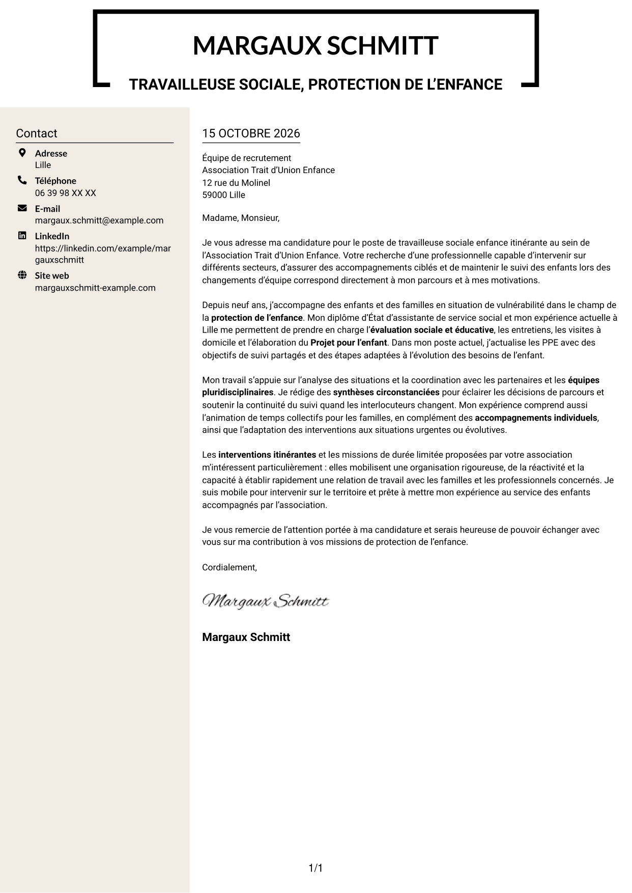 Lettre de motivation Fonceur (format à deux colonnes avec en-tête centré sans photo) : Travailleur social enfance itinérant, page 1