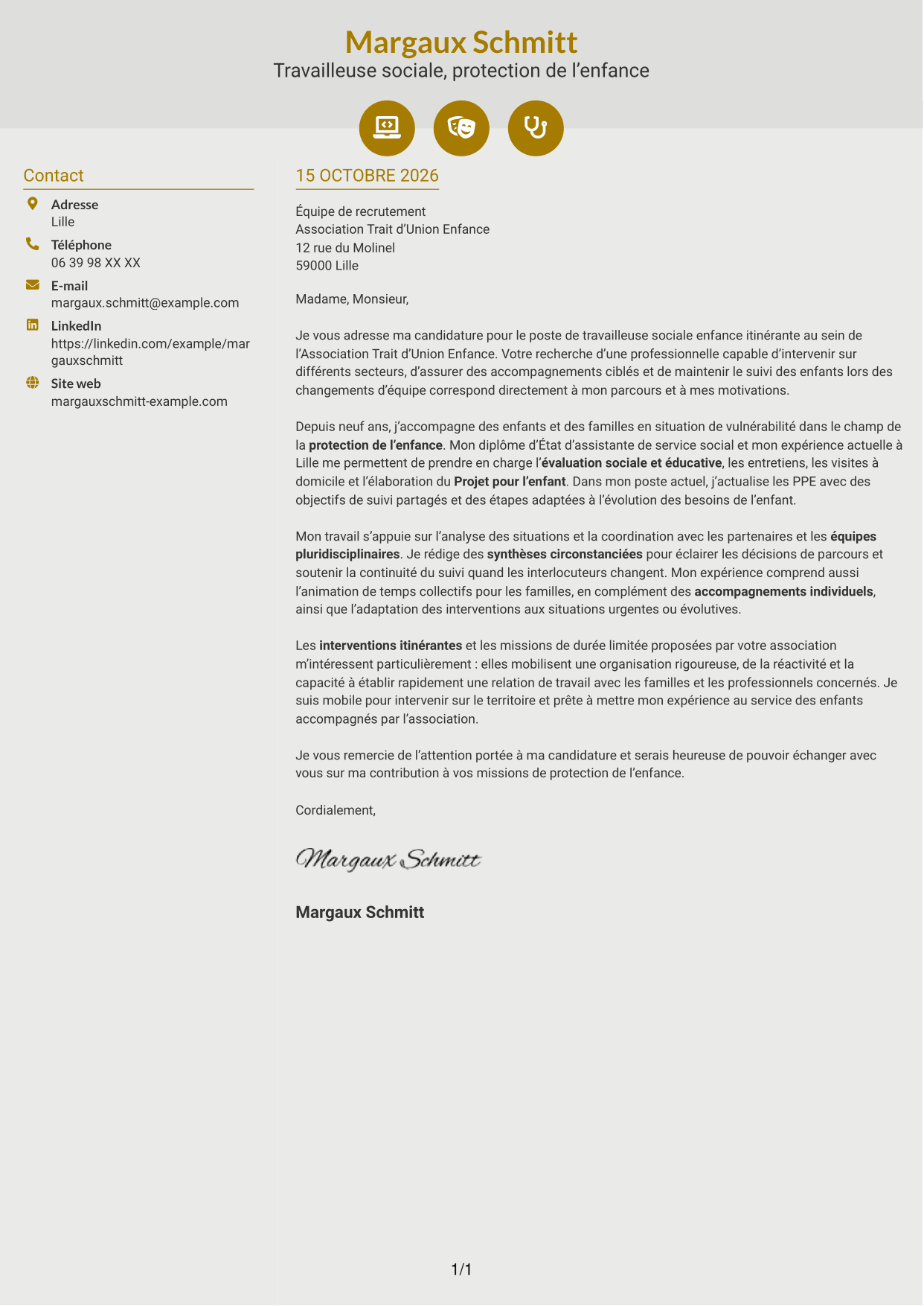 Lettre de motivation Dynamique (format à deux colonnes avec icônes) : Travailleur social enfance itinérant, page 1