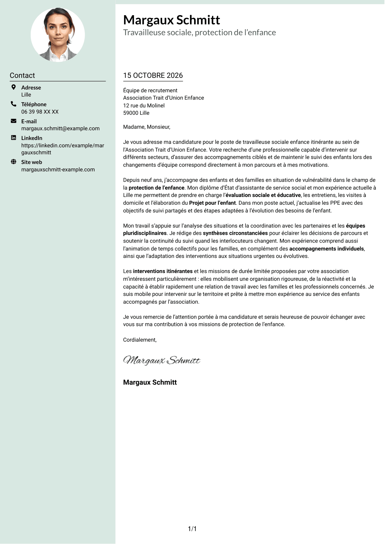 Lettre de motivation Cadre (format à colonne latérale douce avec photo arrondie) : Travailleur social enfance itinérant, page 1