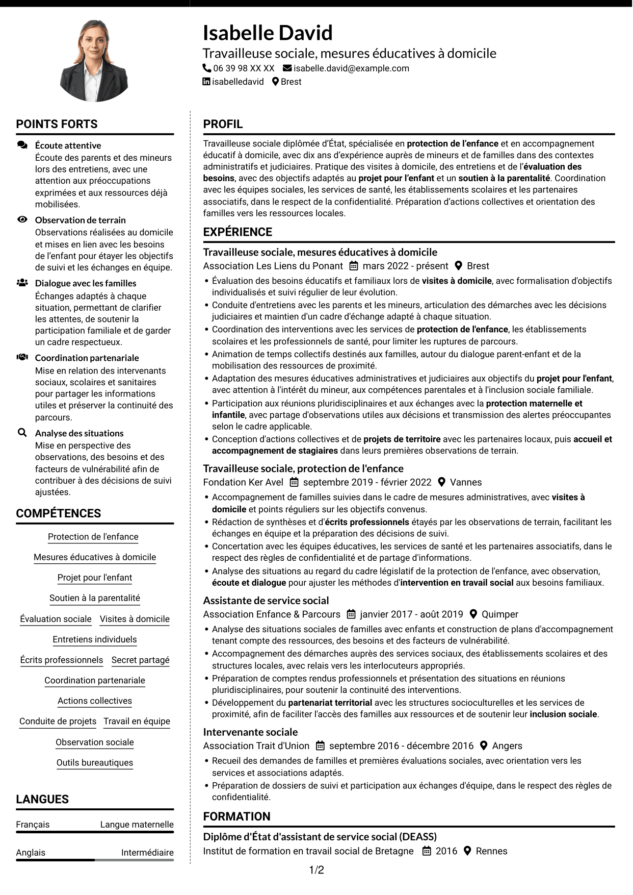 CV Moderne (format à deux colonnes avec photo à gauche et séparateur) : Travailleur social - Mesures éducatives personnalisées, page 1