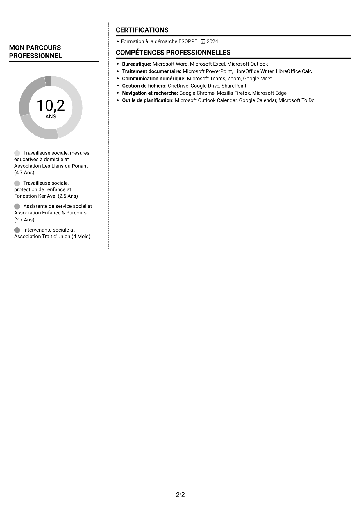 CV Moderne (format à deux colonnes avec photo à gauche et séparateur) : Travailleur social - Mesures éducatives personnalisées, page 2