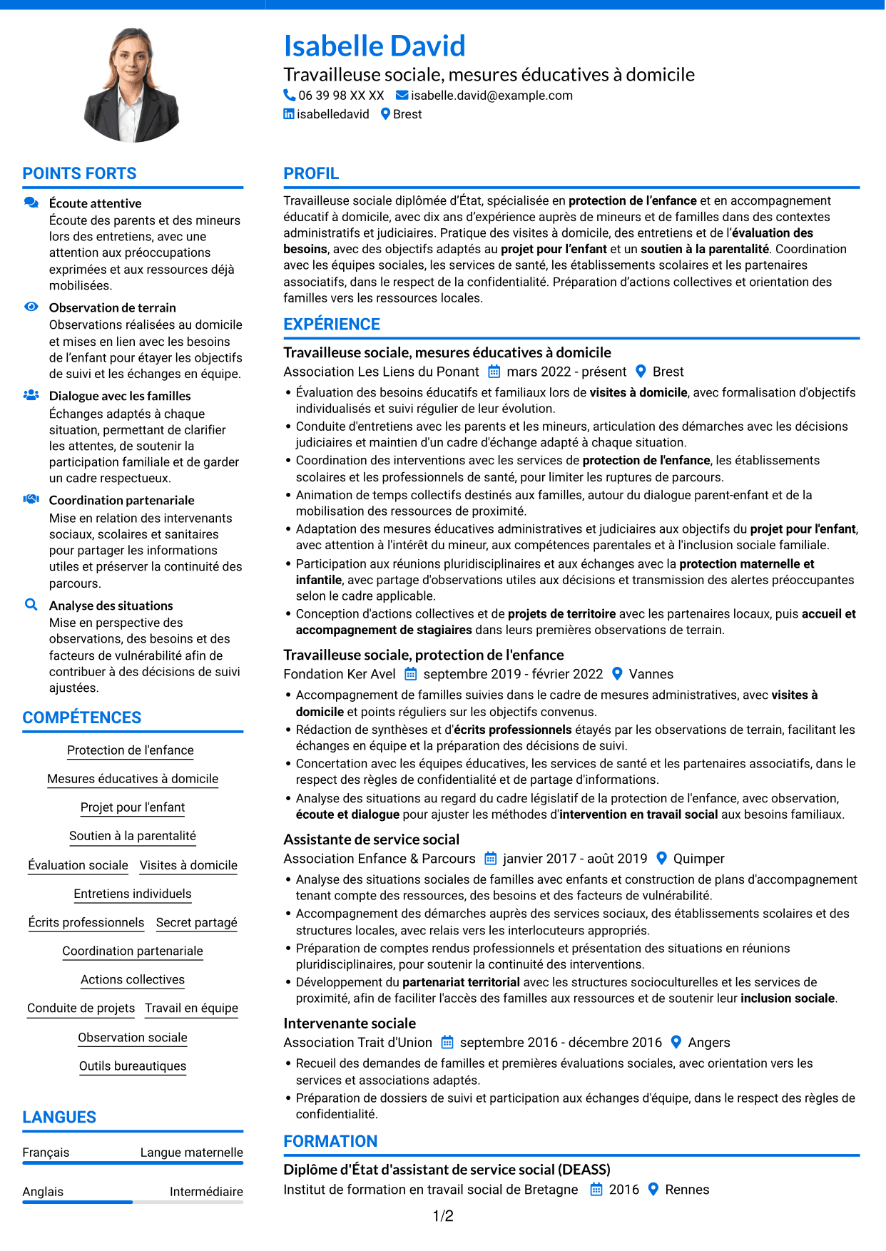 CV Audacieux (format à deux colonnes avec accents colorés et photo) : Travailleur social - Mesures éducatives personnalisées, page 1