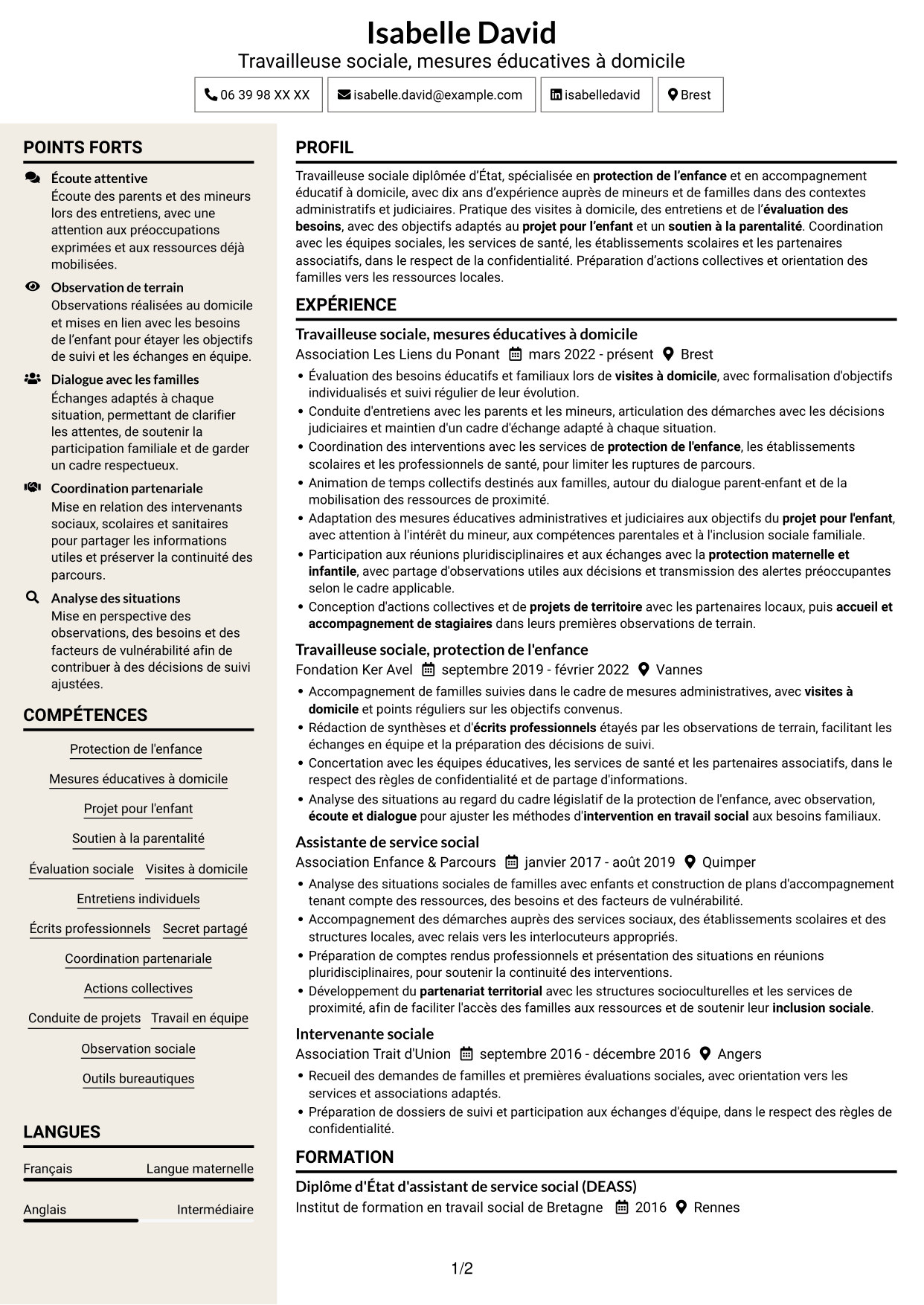CV Fonceur (format à deux colonnes avec en-tête centré sans photo) : Travailleur social - Mesures éducatives personnalisées, page 1