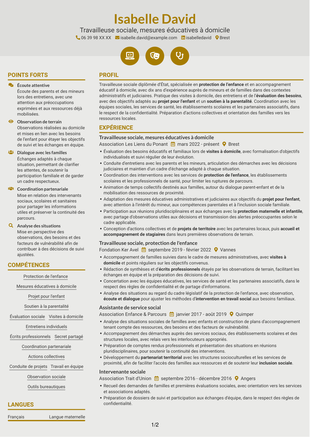 CV Dynamique (format à deux colonnes avec icônes) : Travailleur social - Mesures éducatives personnalisées, page 1
