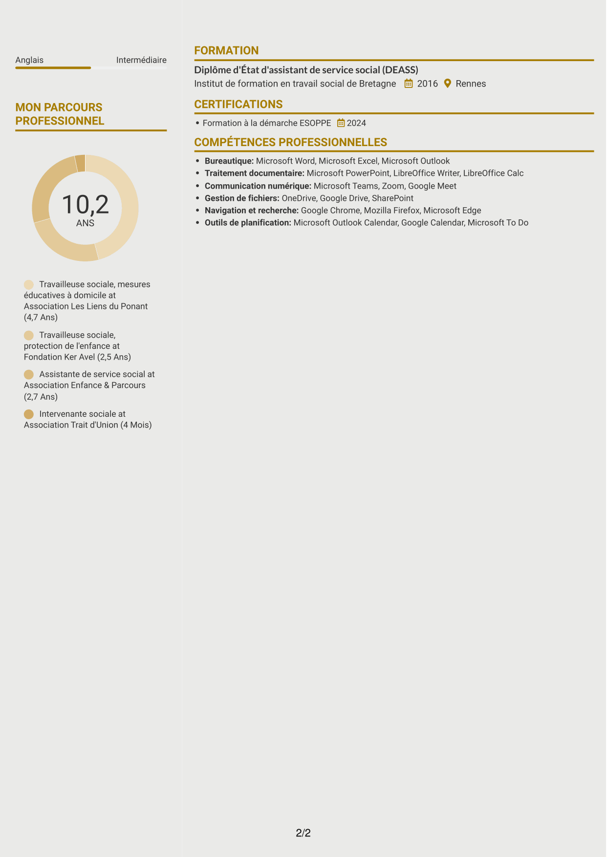 CV Dynamique (format à deux colonnes avec icônes) : Travailleur social - Mesures éducatives personnalisées, page 2