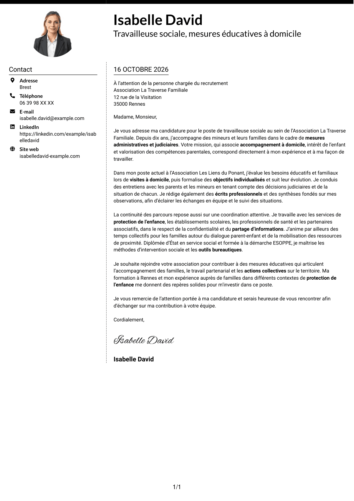 Lettre de motivation Moderne (format à deux colonnes avec photo à gauche et séparateur) : Travailleur social - Mesures éducatives personnalisées, page 1