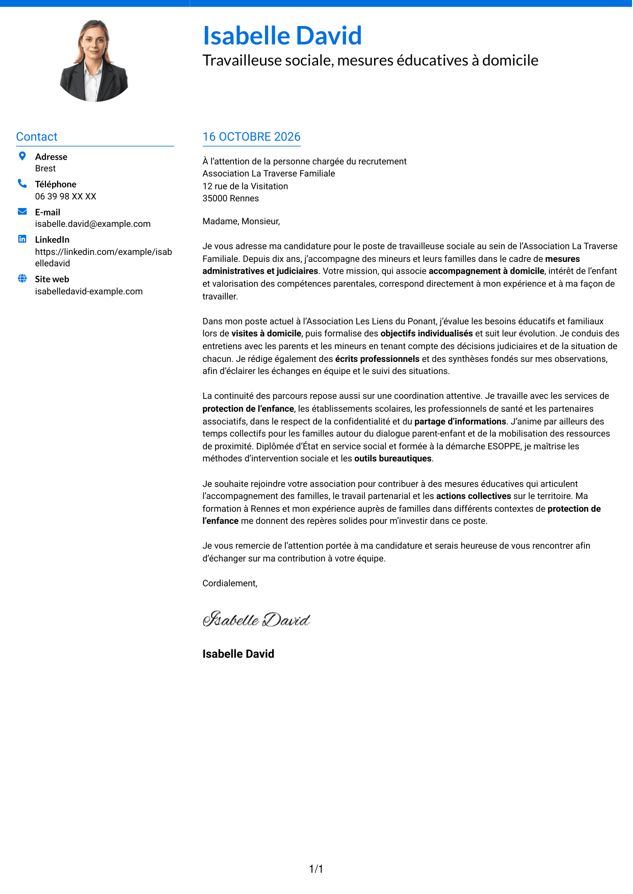 Lettre de motivation Audacieux (format à deux colonnes avec accents colorés et photo) : Travailleur social - Mesures éducatives personnalisées, page 1