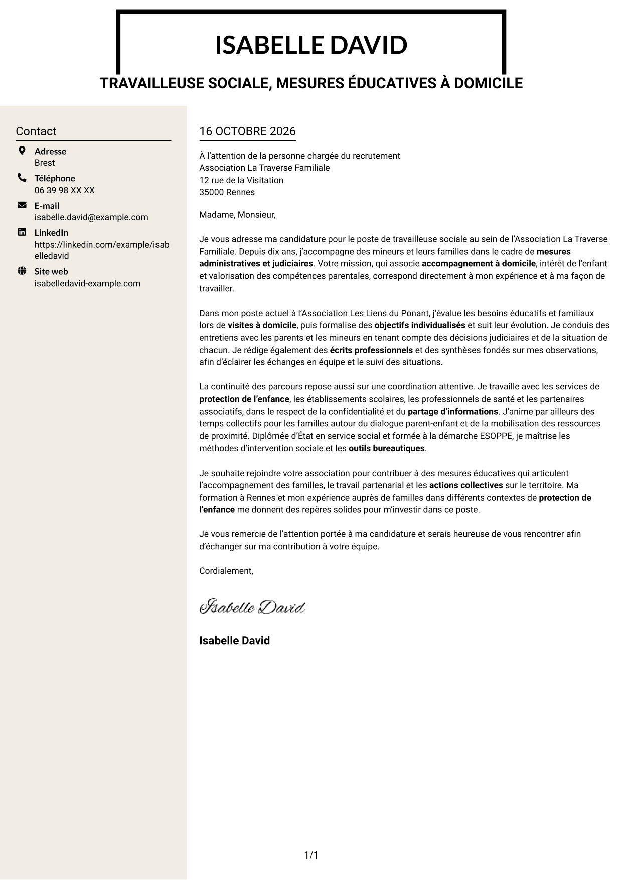 Lettre de motivation Fonceur (format à deux colonnes avec en-tête centré sans photo) : Travailleur social - Mesures éducatives personnalisées, page 1
