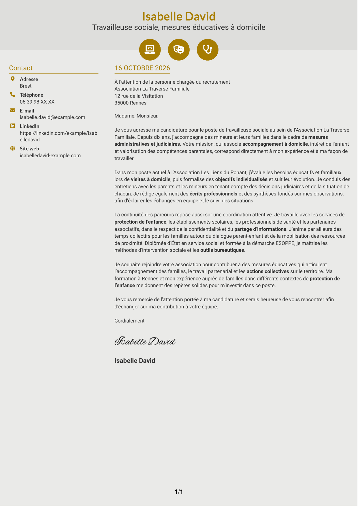 Lettre de motivation Dynamique (format à deux colonnes avec icônes) : Travailleur social - Mesures éducatives personnalisées, page 1