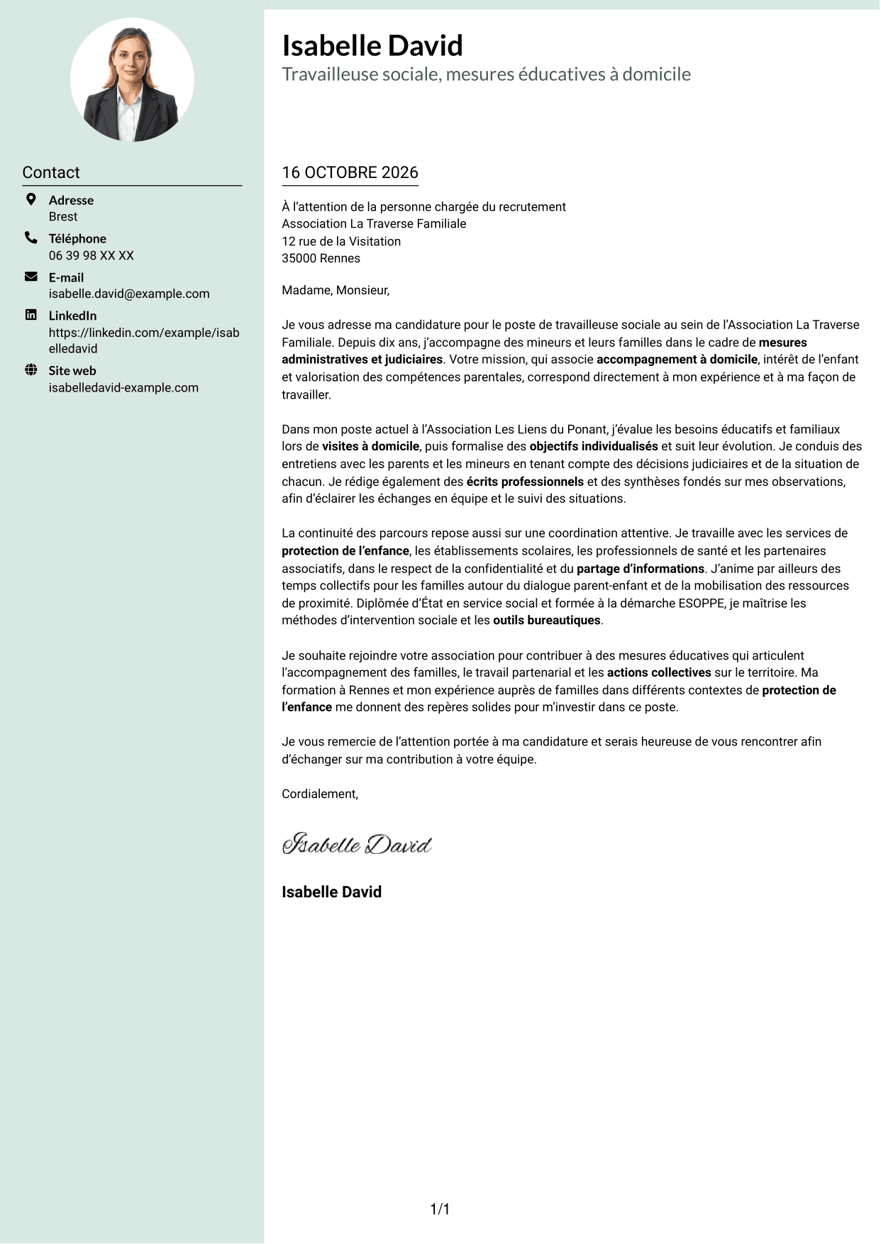 Lettre de motivation Cadre (format à colonne latérale douce avec photo arrondie) : Travailleur social - Mesures éducatives personnalisées, page 1