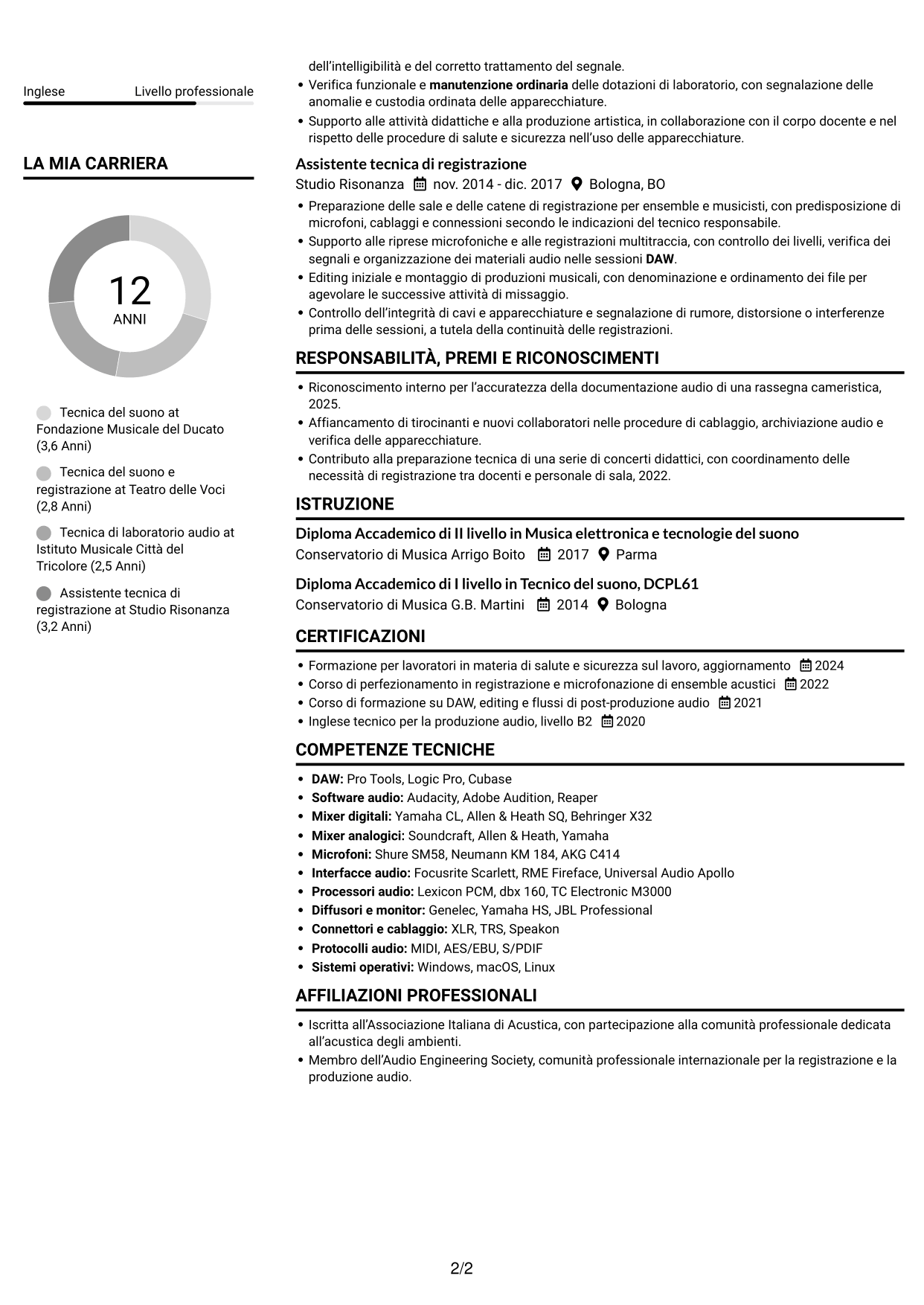 CV Compatto (formato sobrio a due colonne con foto): Accompagnatore - Tecnico di laboratorio, Tecnico del suono, pagina 2