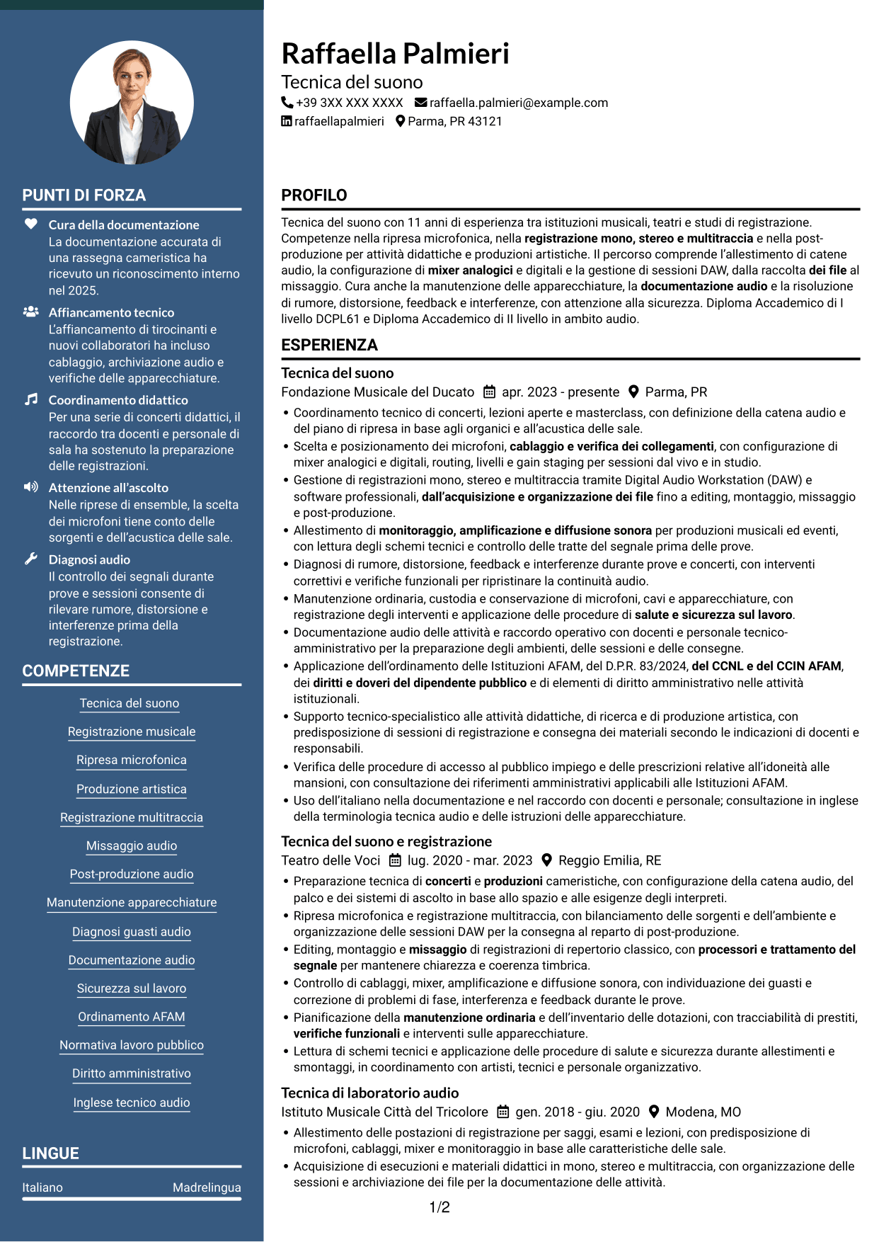 CV Elegante (formato con colonna laterale colorata e foto): Accompagnatore - Tecnico di laboratorio, Tecnico del suono, pagina 1