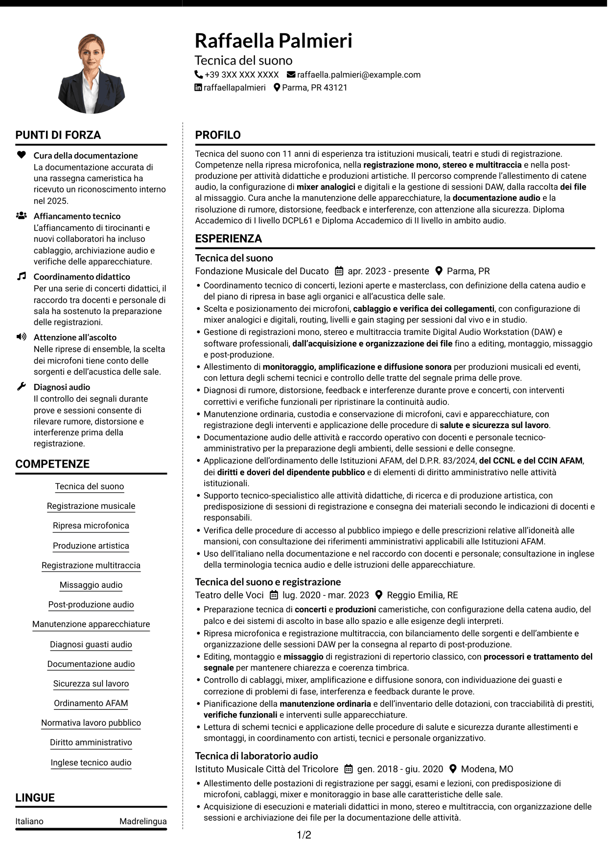 CV Moderno (formato a due colonne con foto a sinistra e separatore): Accompagnatore - Tecnico di laboratorio, Tecnico del suono, pagina 1