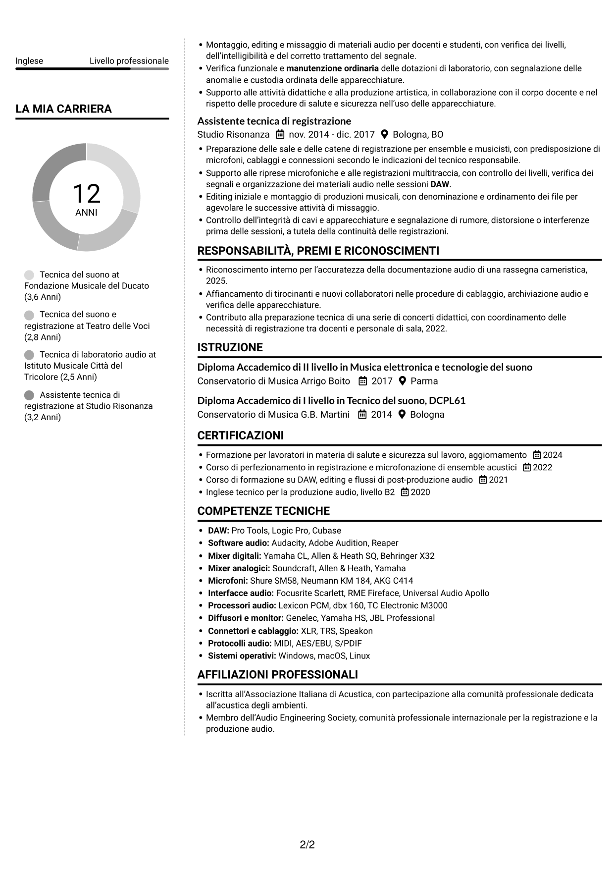 CV Moderno (formato a due colonne con foto a sinistra e separatore): Accompagnatore - Tecnico di laboratorio, Tecnico del suono, pagina 2