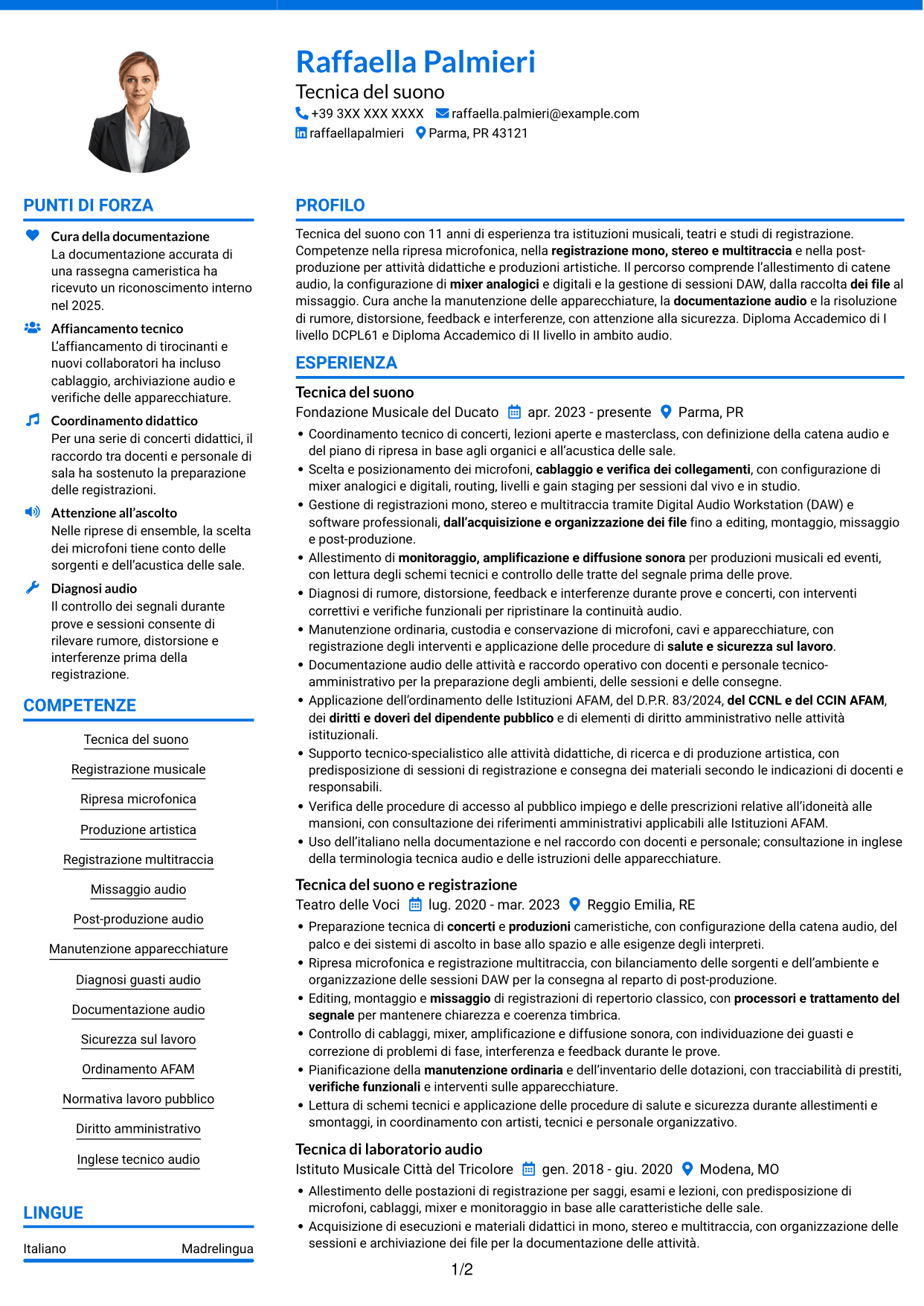 CV Audace (formato a due colonne con accenti colorati e foto): Accompagnatore - Tecnico di laboratorio, Tecnico del suono, pagina 1