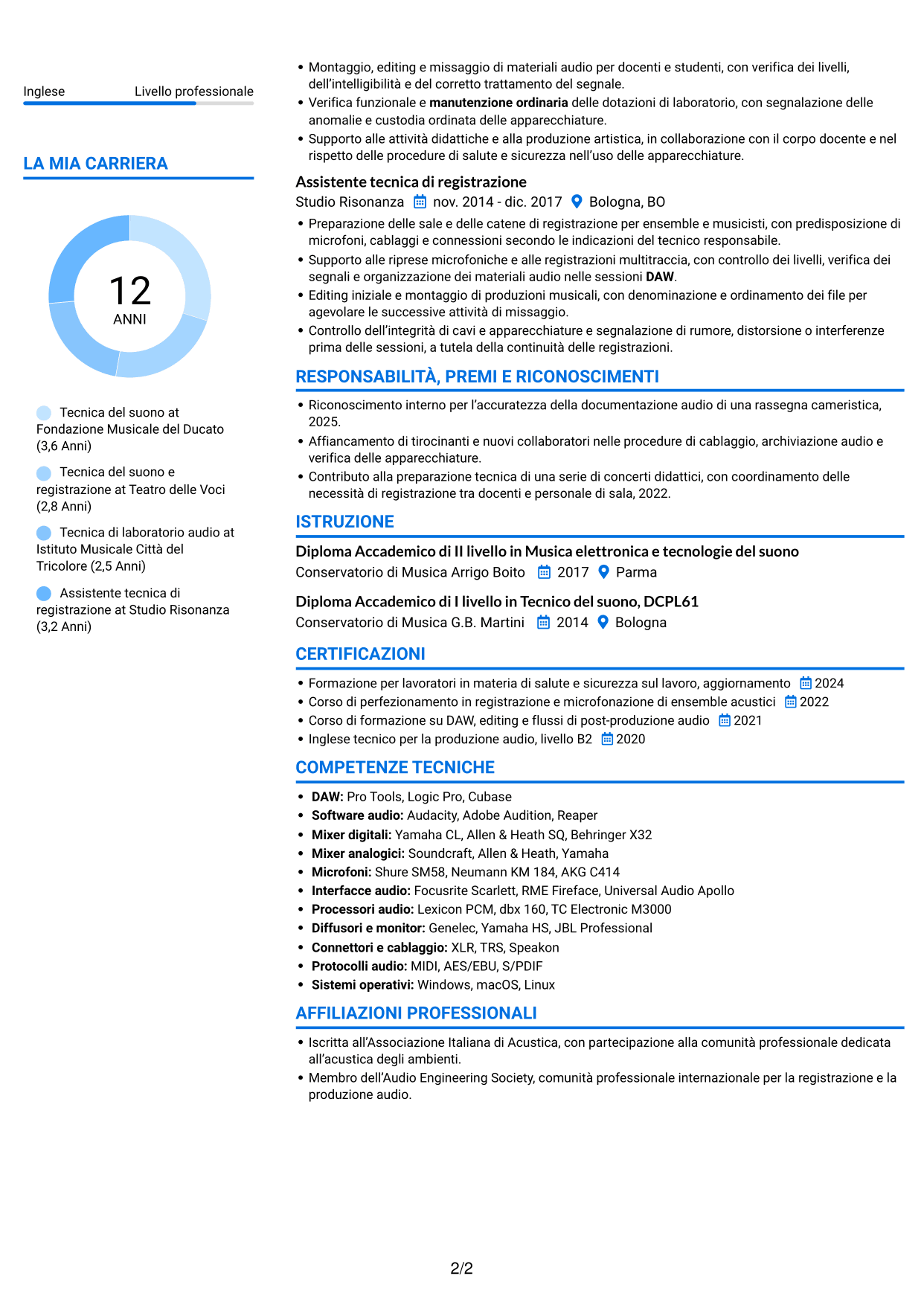 CV Audace (formato a due colonne con accenti colorati e foto): Accompagnatore - Tecnico di laboratorio, Tecnico del suono, pagina 2