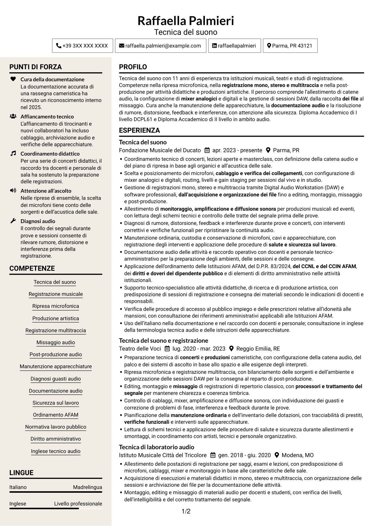 CV Intraprendente (formato a due colonne con intestazione centrata senza foto): Accompagnatore - Tecnico di laboratorio, Tecnico del suono, pagina 1