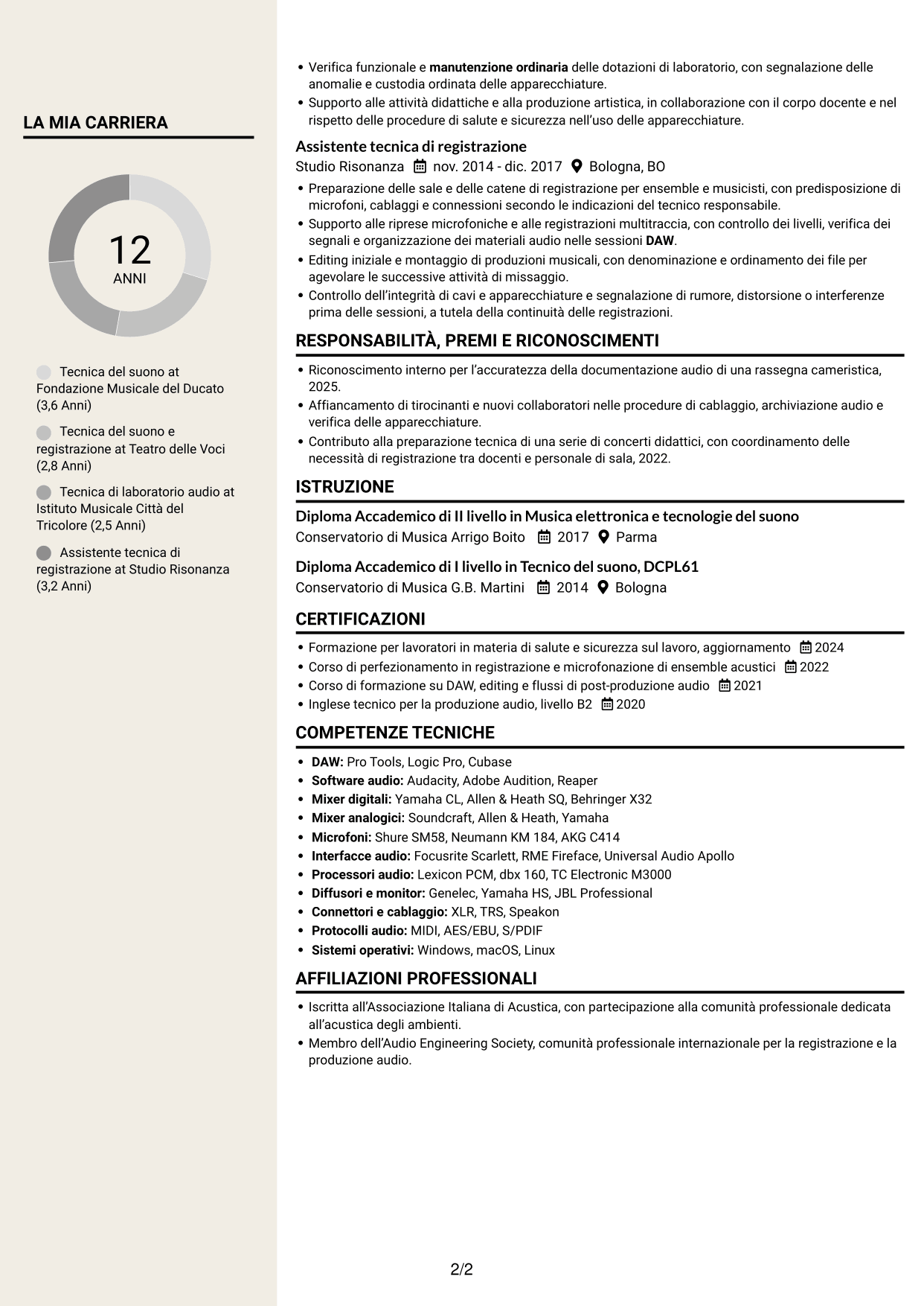 CV Intraprendente (formato a due colonne con intestazione centrata senza foto): Accompagnatore - Tecnico di laboratorio, Tecnico del suono, pagina 2