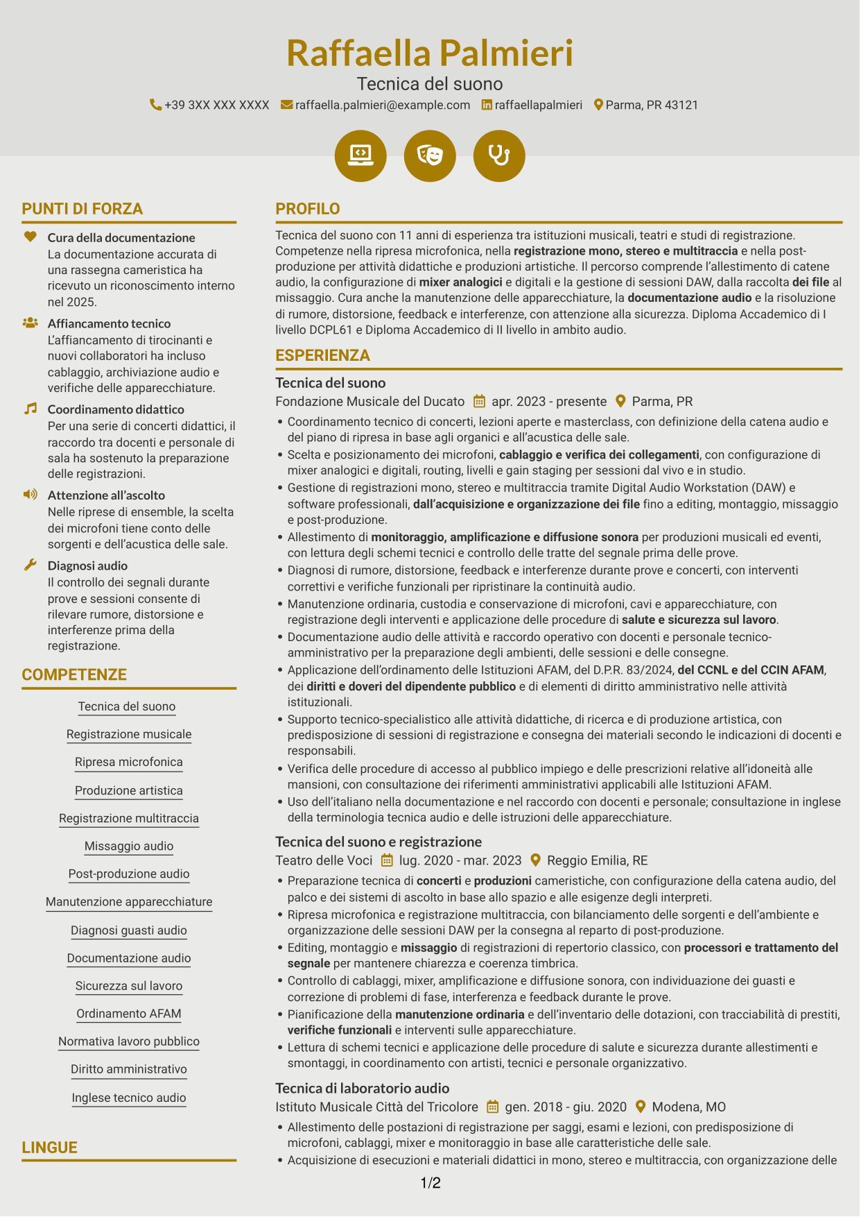 CV Dinamico (formato a due colonne con icone): Accompagnatore - Tecnico di laboratorio, Tecnico del suono, pagina 1