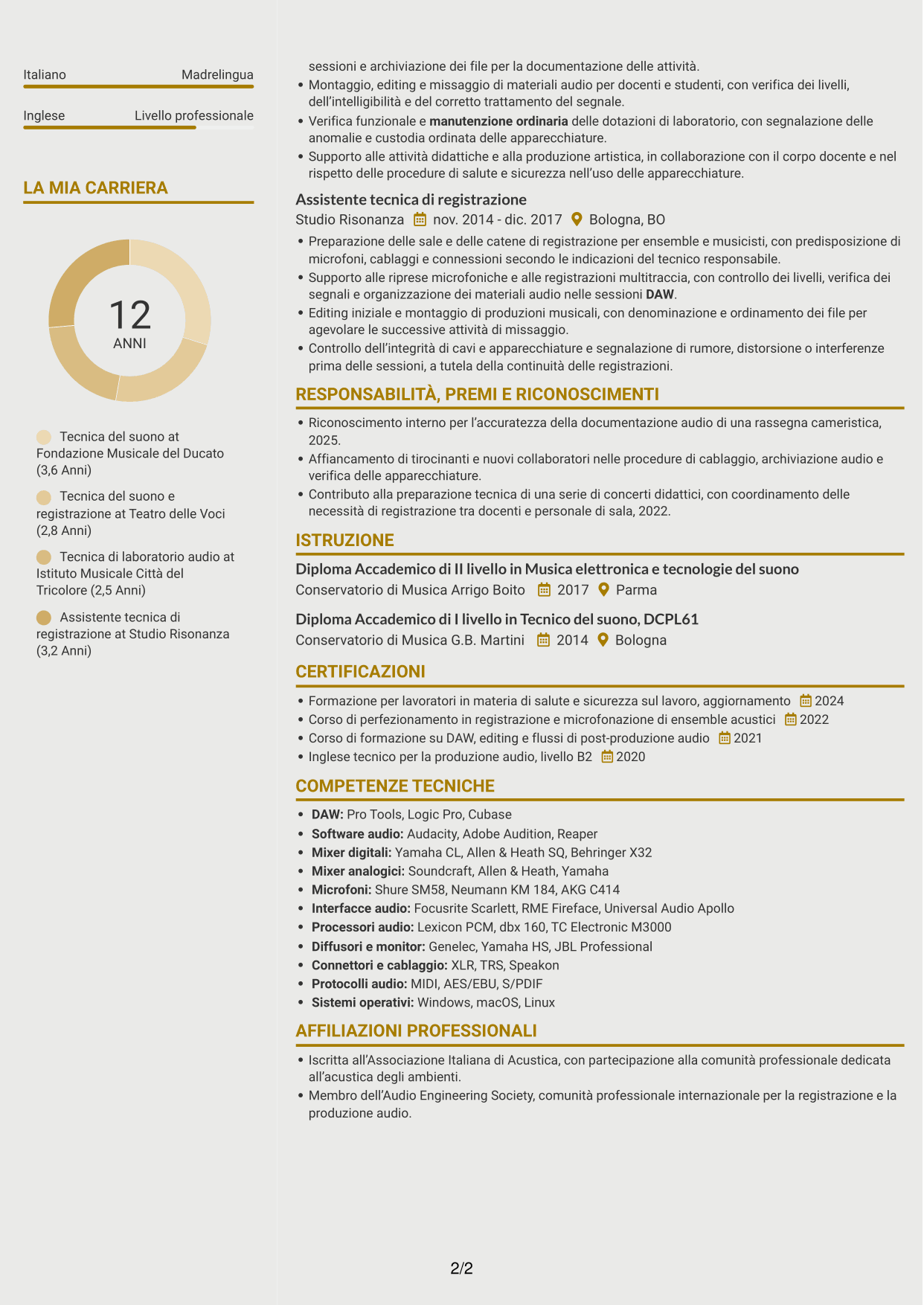 CV Dinamico (formato a due colonne con icone): Accompagnatore - Tecnico di laboratorio, Tecnico del suono, pagina 2