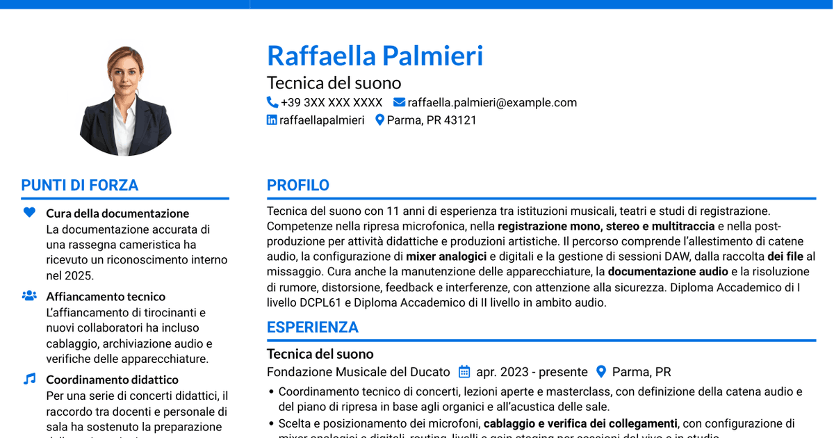 7 modelli di CV per Accompagnatore - Tecnico di laboratorio, Tecnico del suono, con esempi