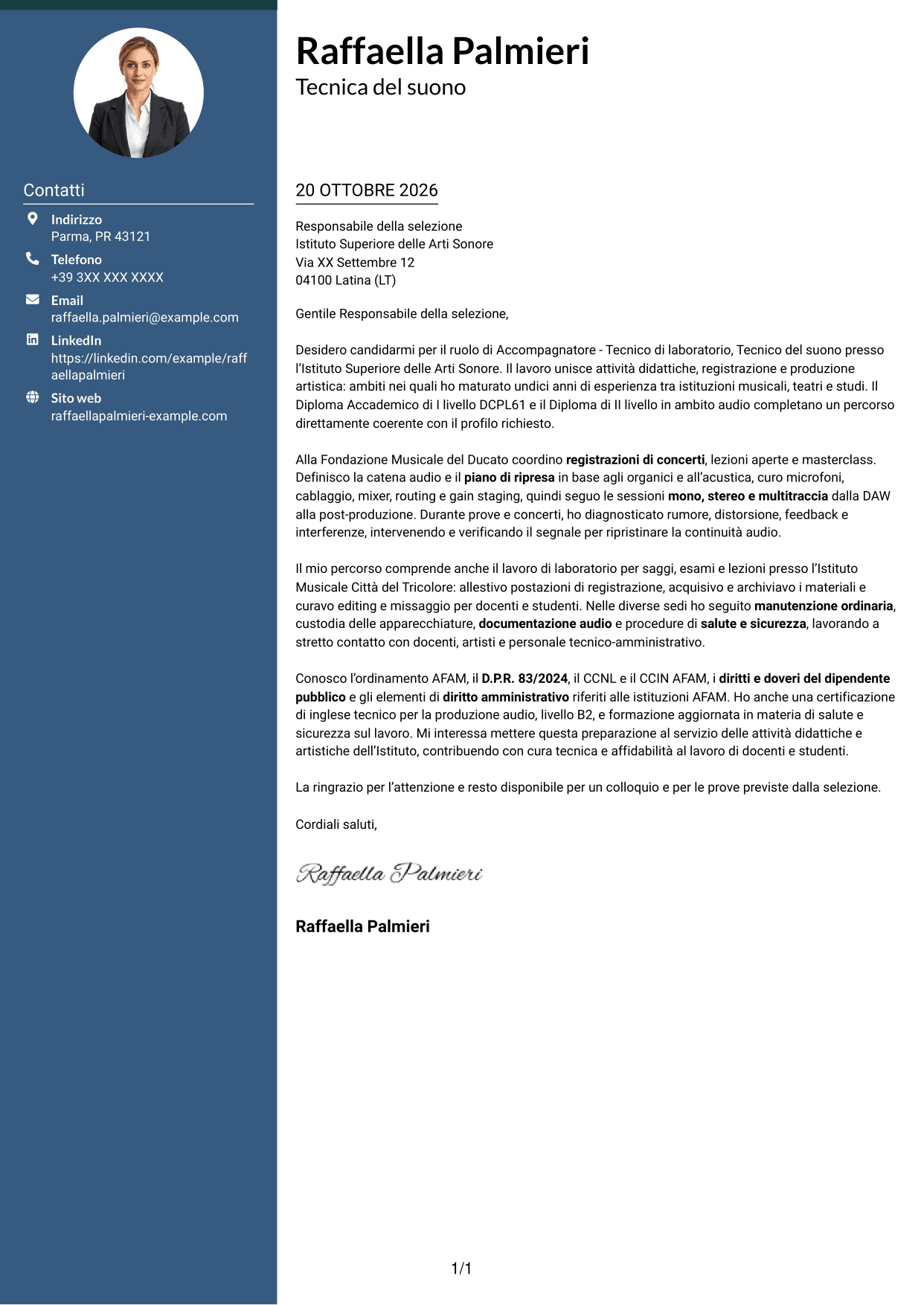 Lettera di presentazione Elegante (formato con colonna laterale colorata e foto): Accompagnatore - Tecnico di laboratorio, Tecnico del suono, pagina 1