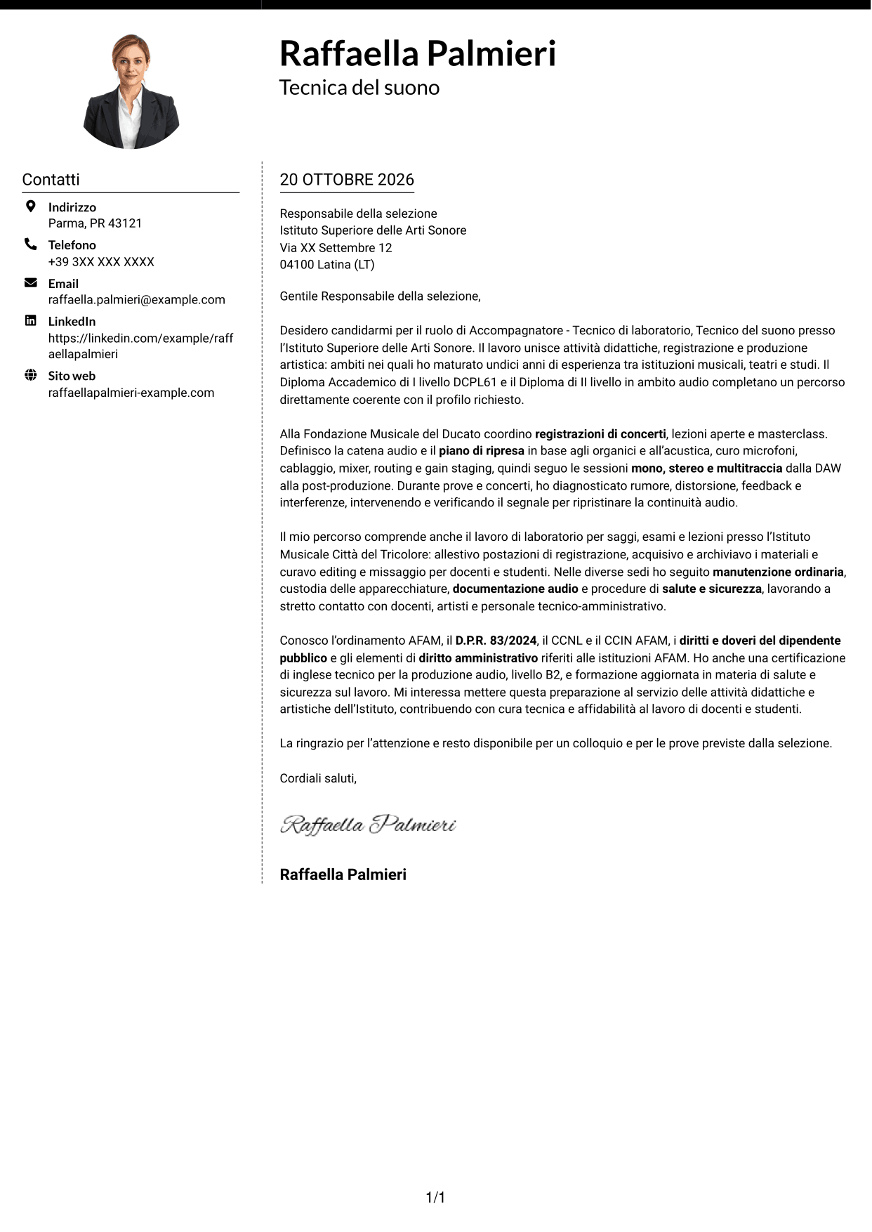 Lettera di presentazione Moderno (formato a due colonne con foto a sinistra e separatore): Accompagnatore - Tecnico di laboratorio, Tecnico del suono, pagina 1