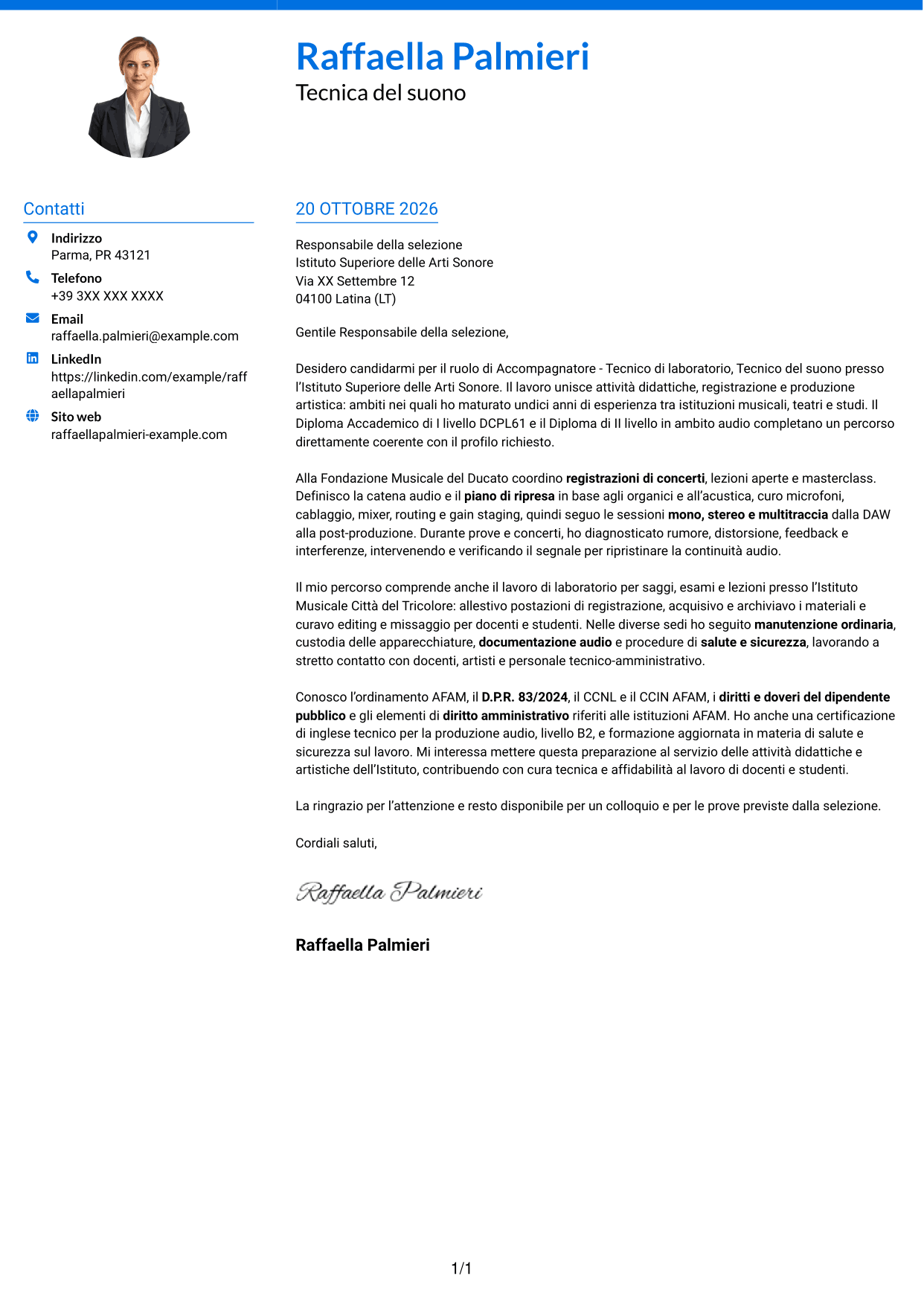 Lettera di presentazione Audace (formato a due colonne con accenti colorati e foto): Accompagnatore - Tecnico di laboratorio, Tecnico del suono, pagina 1
