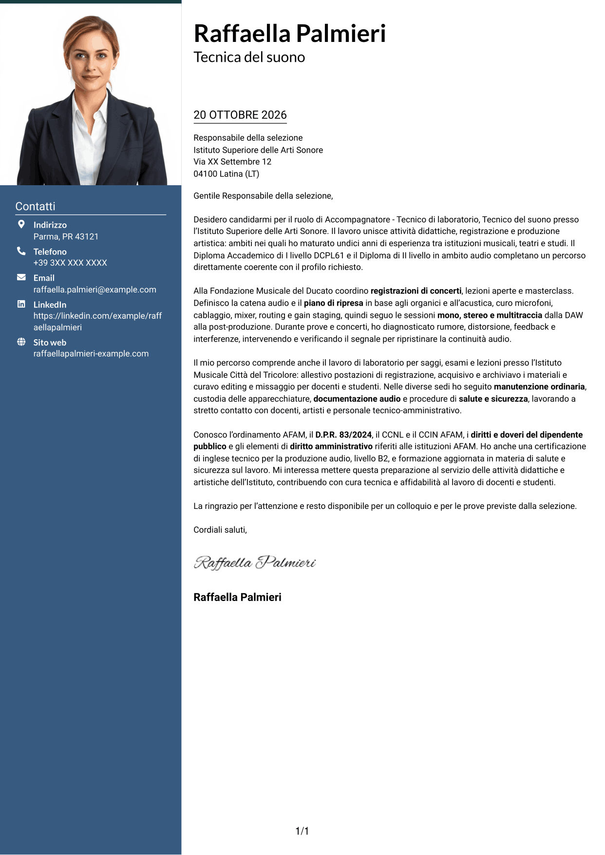 Lettera di presentazione Signature (formato con colonna laterale colorata e foto grande): Accompagnatore - Tecnico di laboratorio, Tecnico del suono, pagina 1