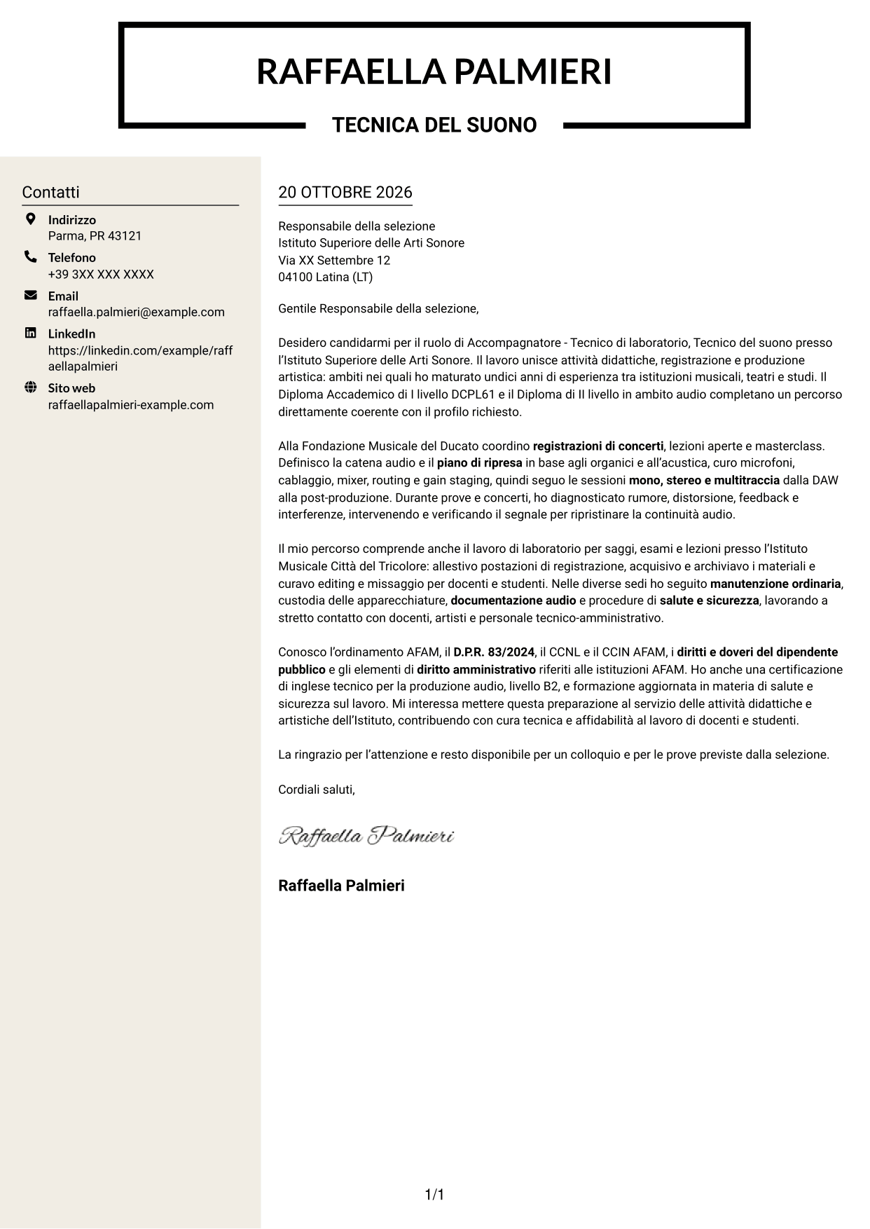 Lettera di presentazione Intraprendente (formato a due colonne con intestazione centrata senza foto): Accompagnatore - Tecnico di laboratorio, Tecnico del suono, pagina 1