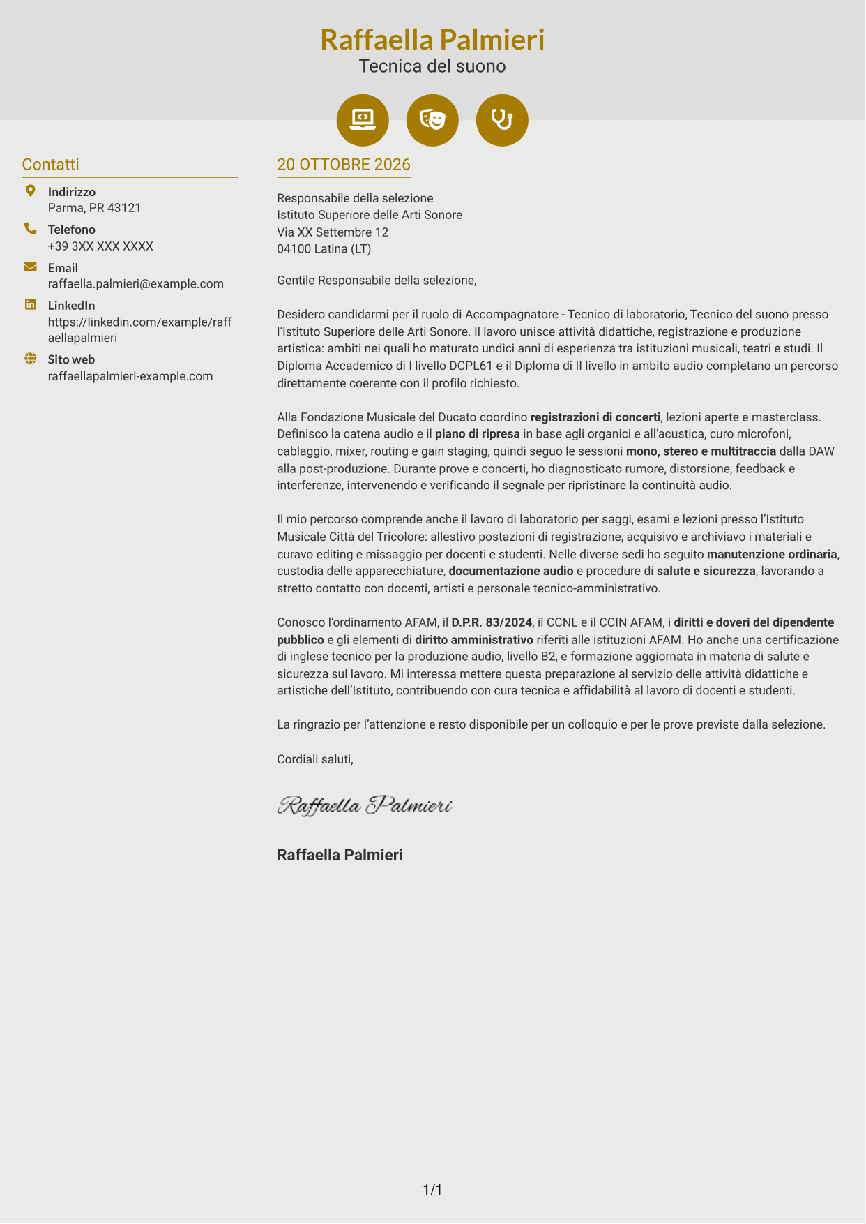 Lettera di presentazione Dinamico (formato a due colonne con icone): Accompagnatore - Tecnico di laboratorio, Tecnico del suono, pagina 1
