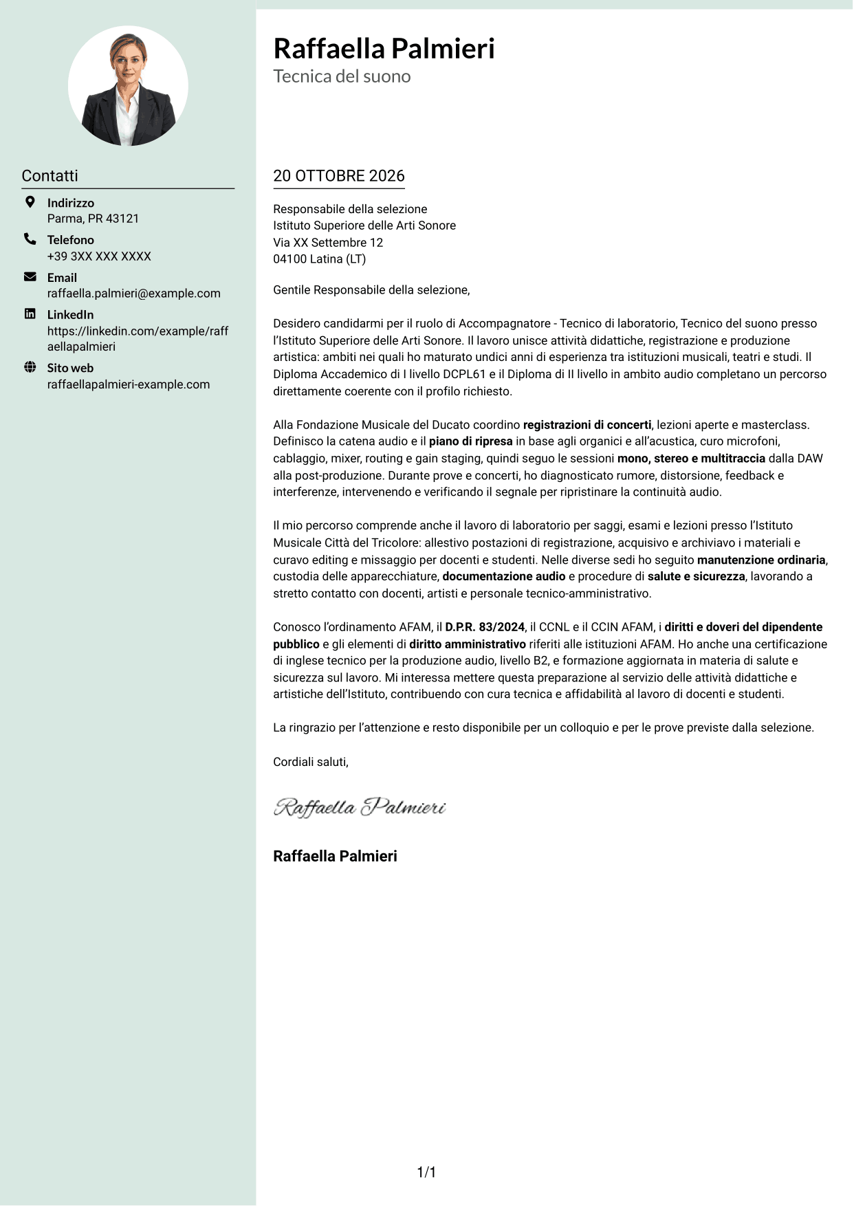 Lettera di presentazione Dirigente (formato con colonna laterale tenue e foto arrotondata): Accompagnatore - Tecnico di laboratorio, Tecnico del suono, pagina 1