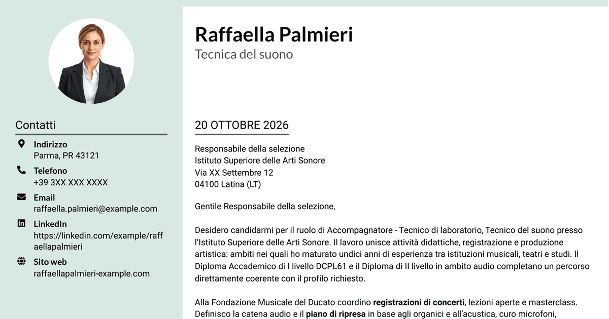 7 modelli di lettera di presentazione per Accompagnatore - Tecnico di laboratorio, Tecnico del suono, con esempi
