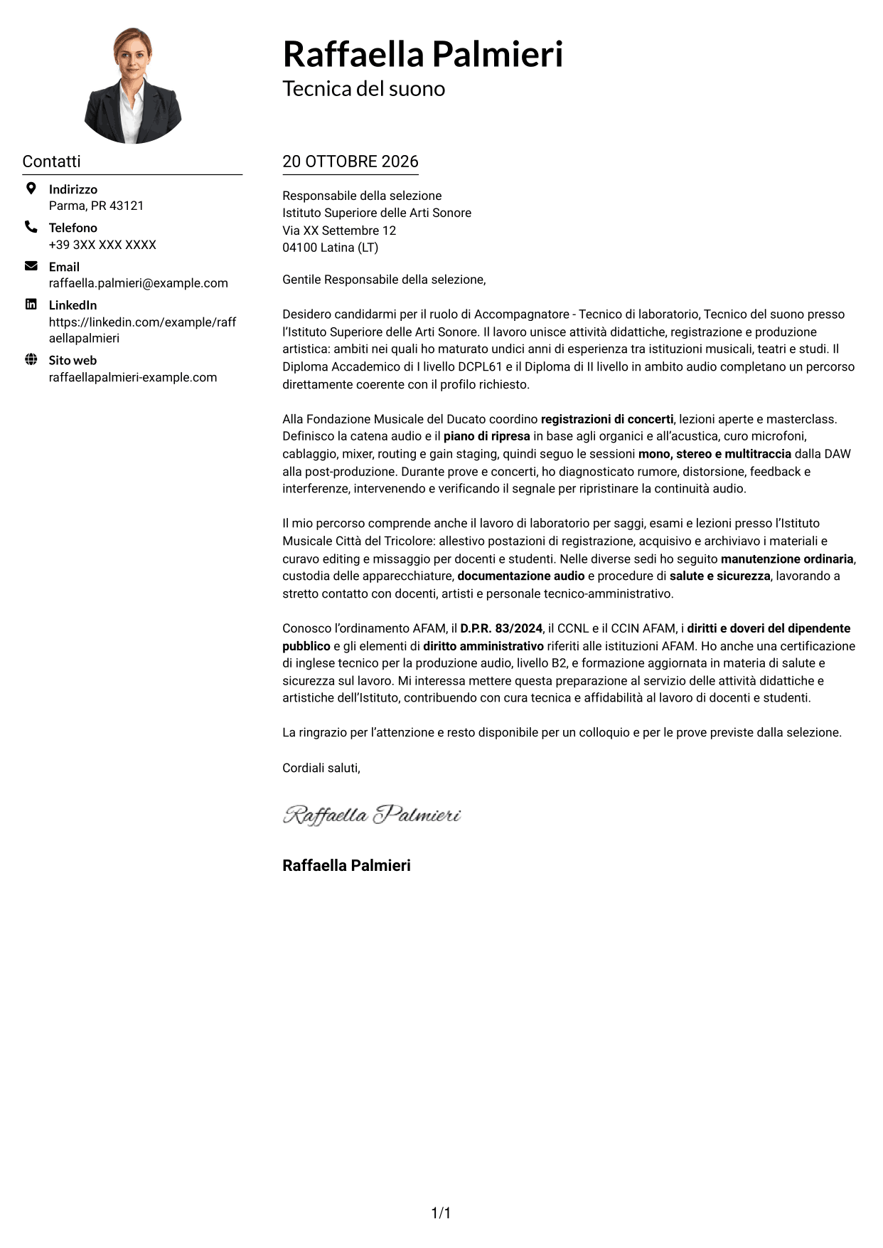 Esempio di lettera di presentazione — pagina 1