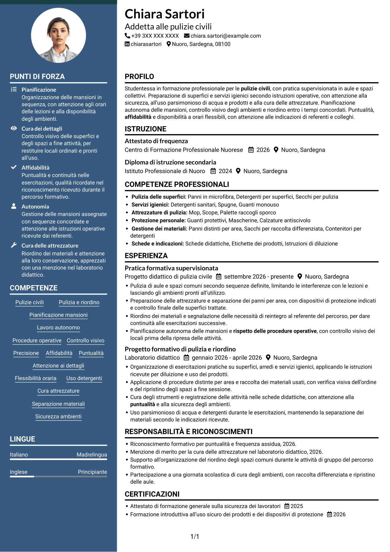 CV Elegante (formato con colonna laterale colorata e foto): Addetta alle pulizie - Pulizie civili, pagina 1