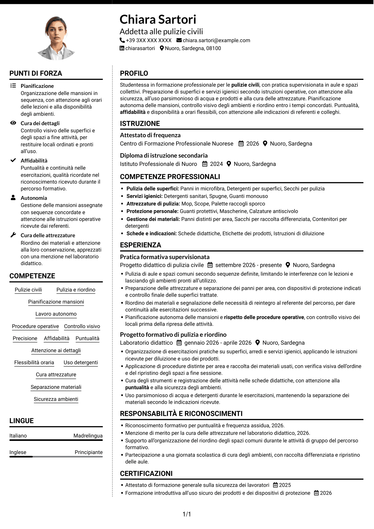 CV Moderno (formato a due colonne con foto a sinistra e separatore): Addetta alle pulizie - Pulizie civili, pagina 1