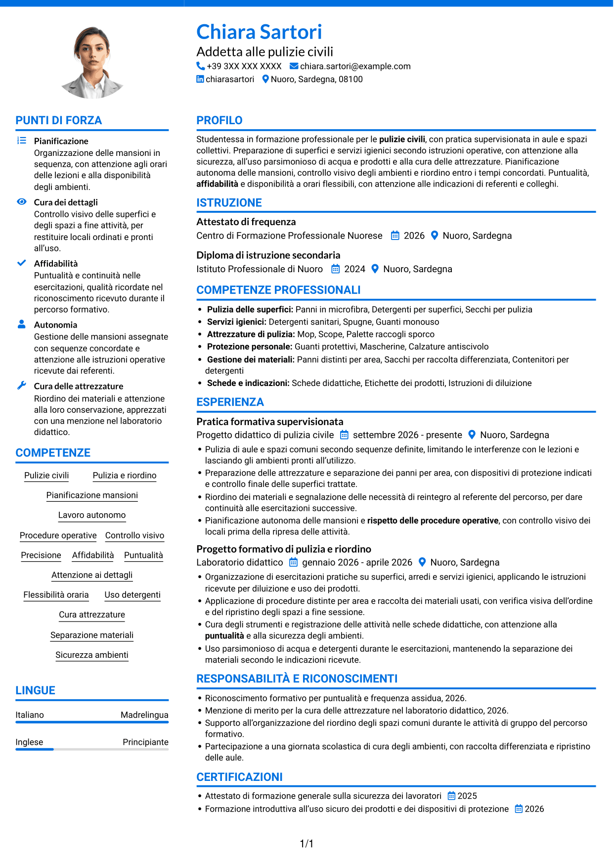CV Audace (formato a due colonne con accenti colorati e foto): Addetta alle pulizie - Pulizie civili, pagina 1