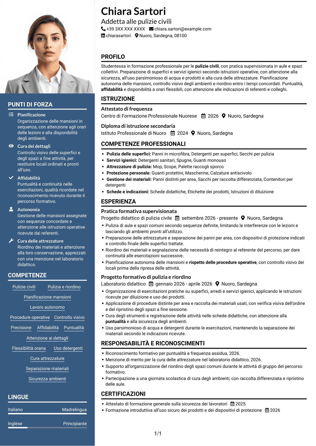 CV Signature (formato con colonna laterale colorata e foto grande): Addetta alle pulizie - Pulizie civili, pagina 1