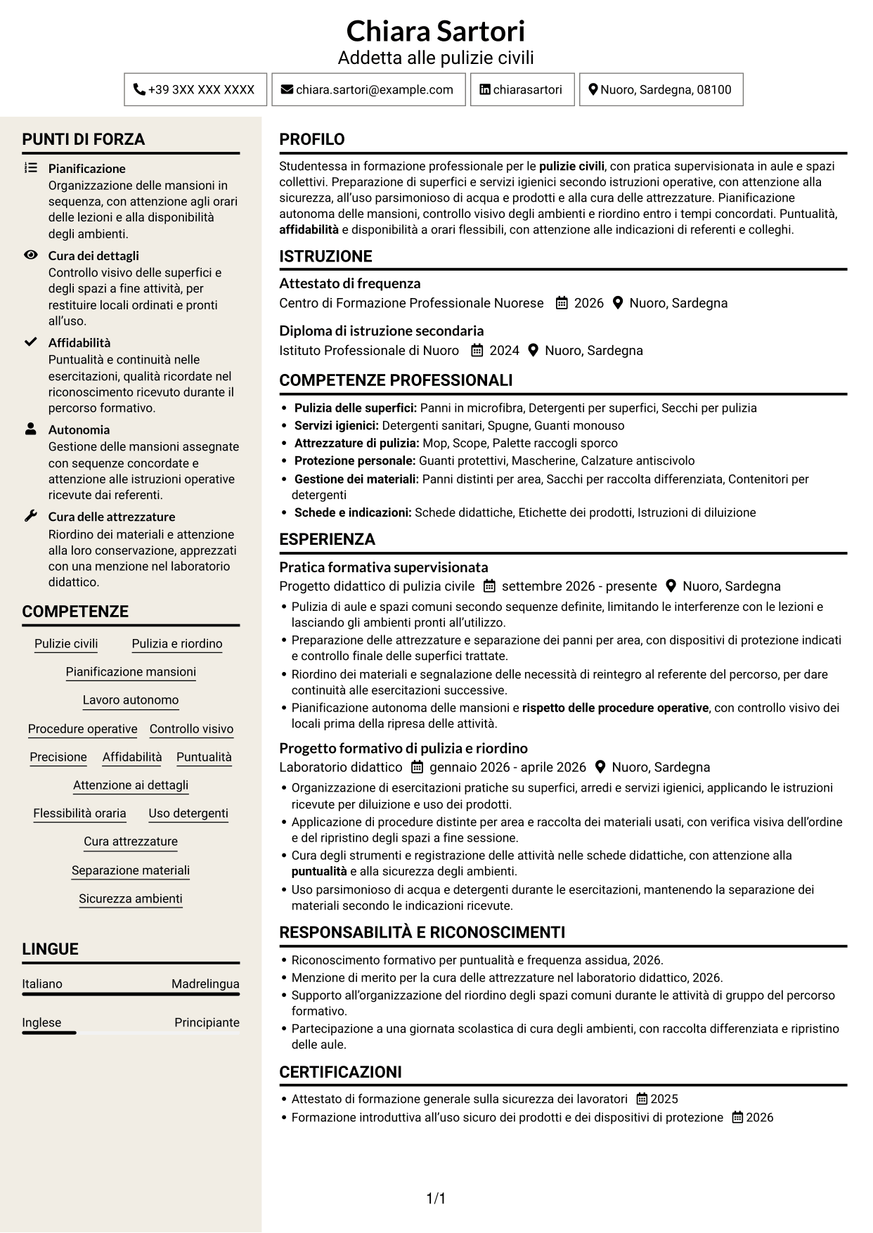 CV Intraprendente (formato a due colonne con intestazione centrata senza foto): Addetta alle pulizie - Pulizie civili, pagina 1