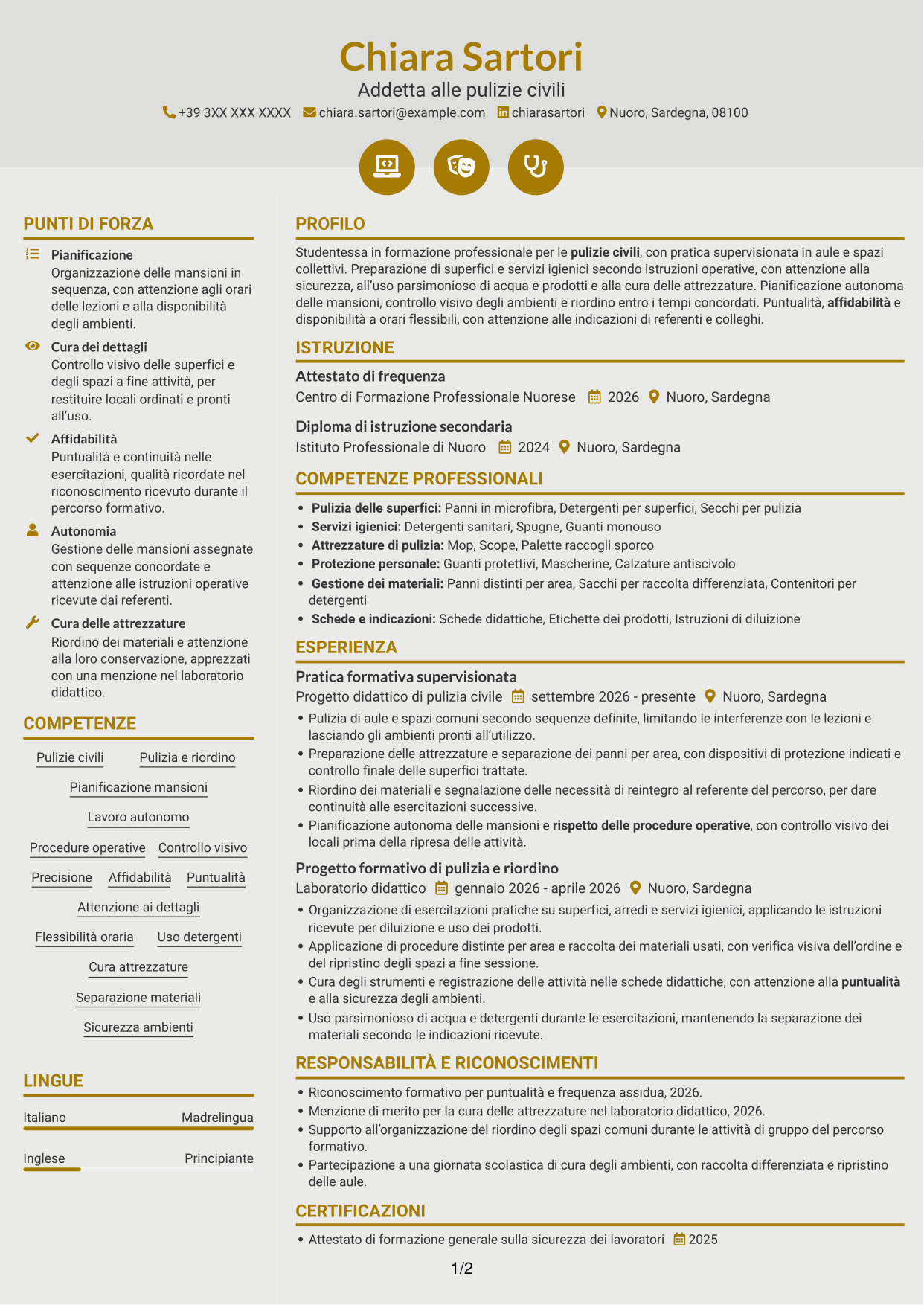 CV Dinamico (formato a due colonne con icone): Addetta alle pulizie - Pulizie civili, pagina 1