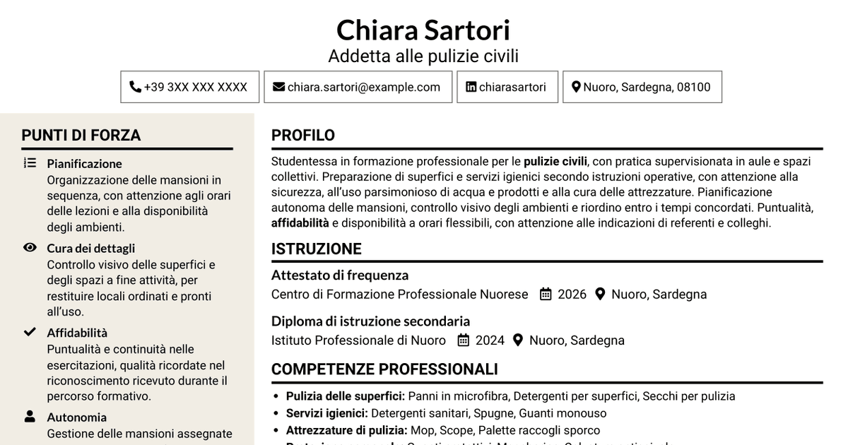 7 modelli di CV per Addetta alle pulizie - Pulizie civili, con esempi